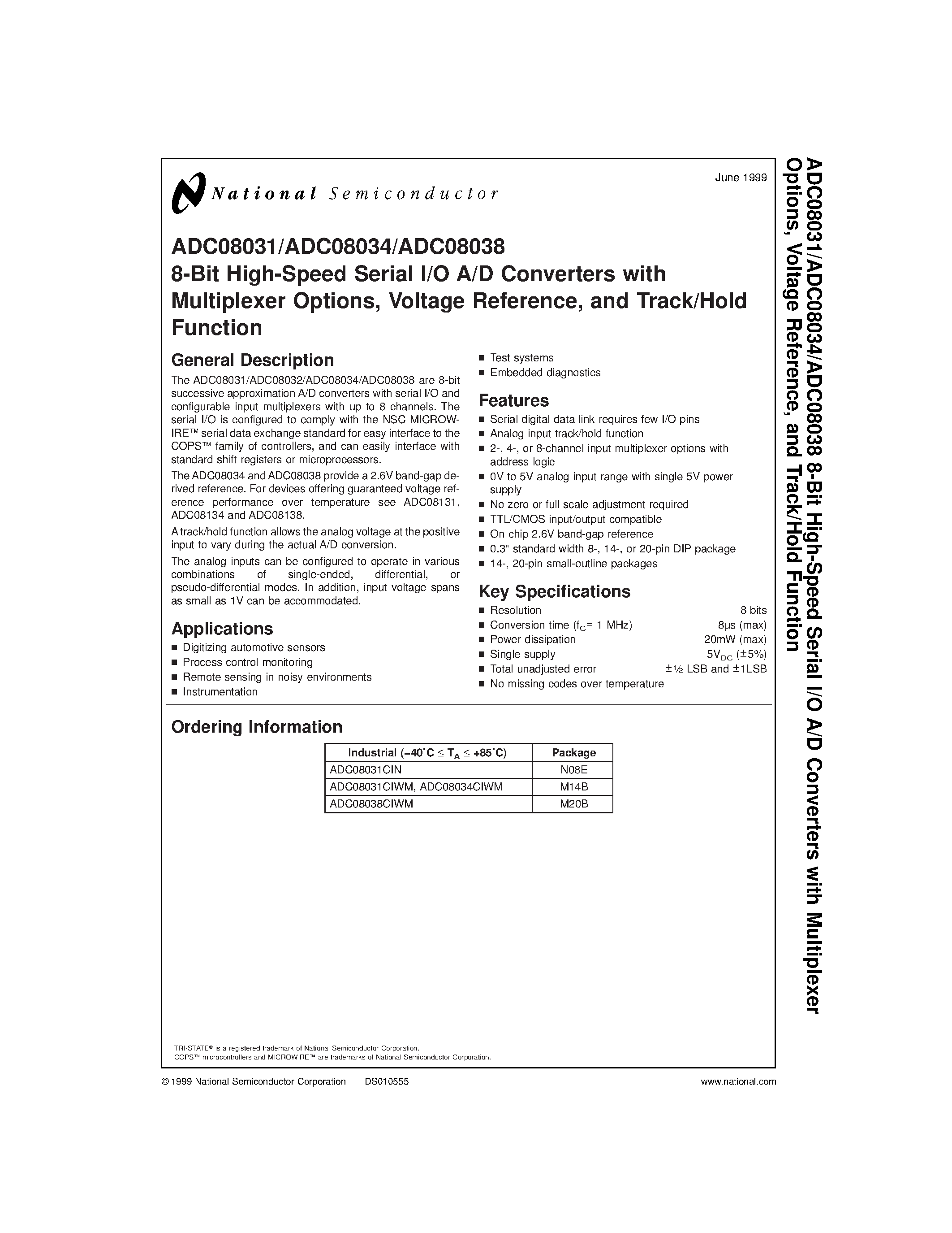 Datasheet ADC08034 - 8-Bit High-Speed Serial I/O A/D Converters with Multiplexer Options/ <BR> Voltage Reference/ and Track/Hold Function page 1