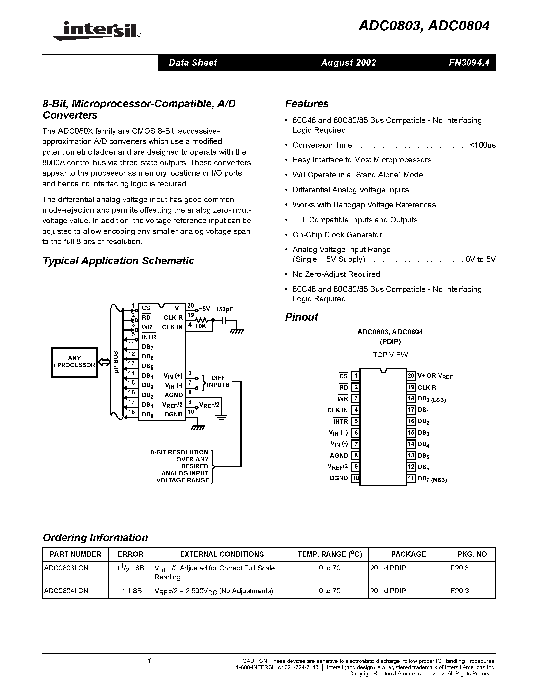 Даташит на микросхему ADC0803LCN страница 1 Даташит ADC0803LCN - 8-Bit/ Microprocessor- Compatible/ A/D Converters страница 1