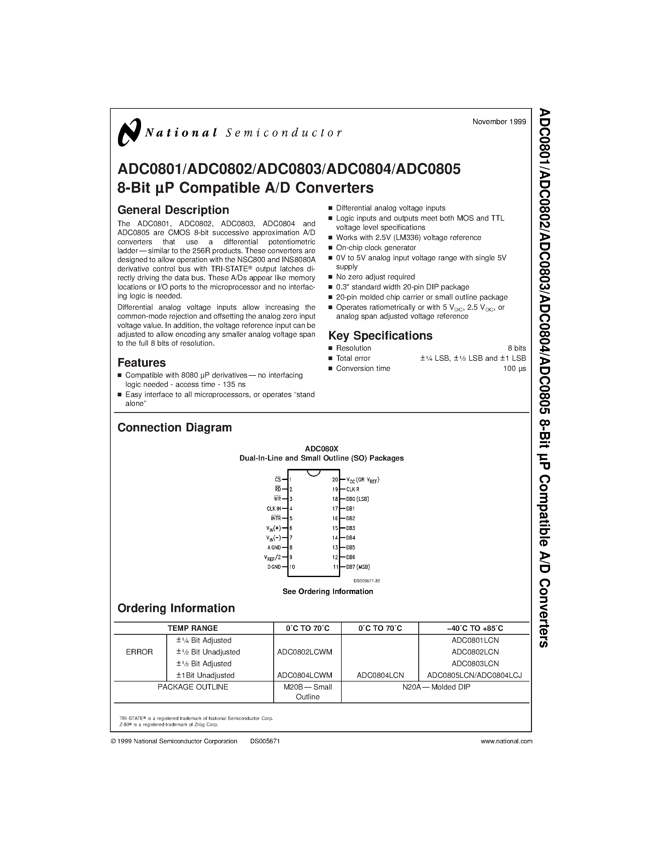 Datasheet ADC0804 - 8 BIT UP COMPATIBLE A/D CONVERTERS page 1