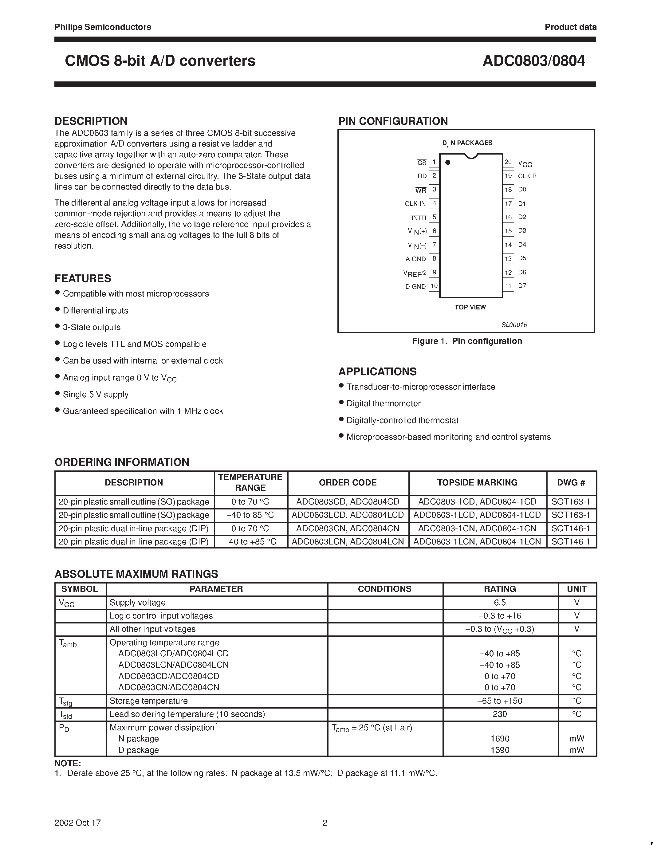 Даташит ADC0804-1CD - CMOS 8-bit A/D converters страница 2