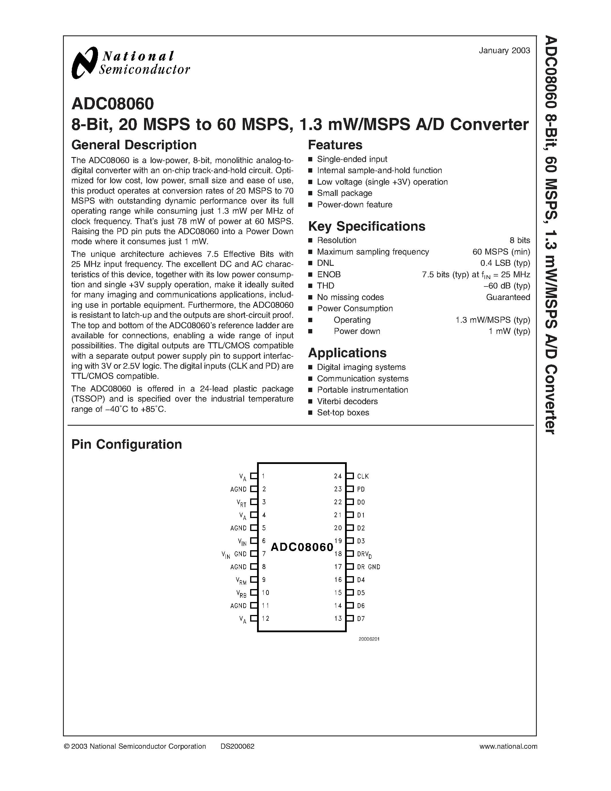 Даташит ADC08060CIMT - 8-Bit/ 20 MSPS to 60 MSPS/ 1.3 mW/MSPS A/D Converter страница 1