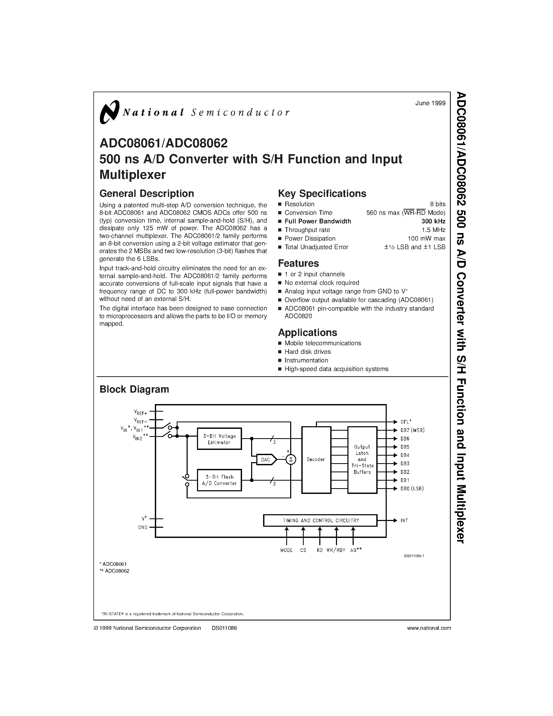 Datasheet ADC08062BIN page 1 Datasheet ADC08062BIN - 500 ns A/D Converter with S/H Function and Input Multiplexer page 1