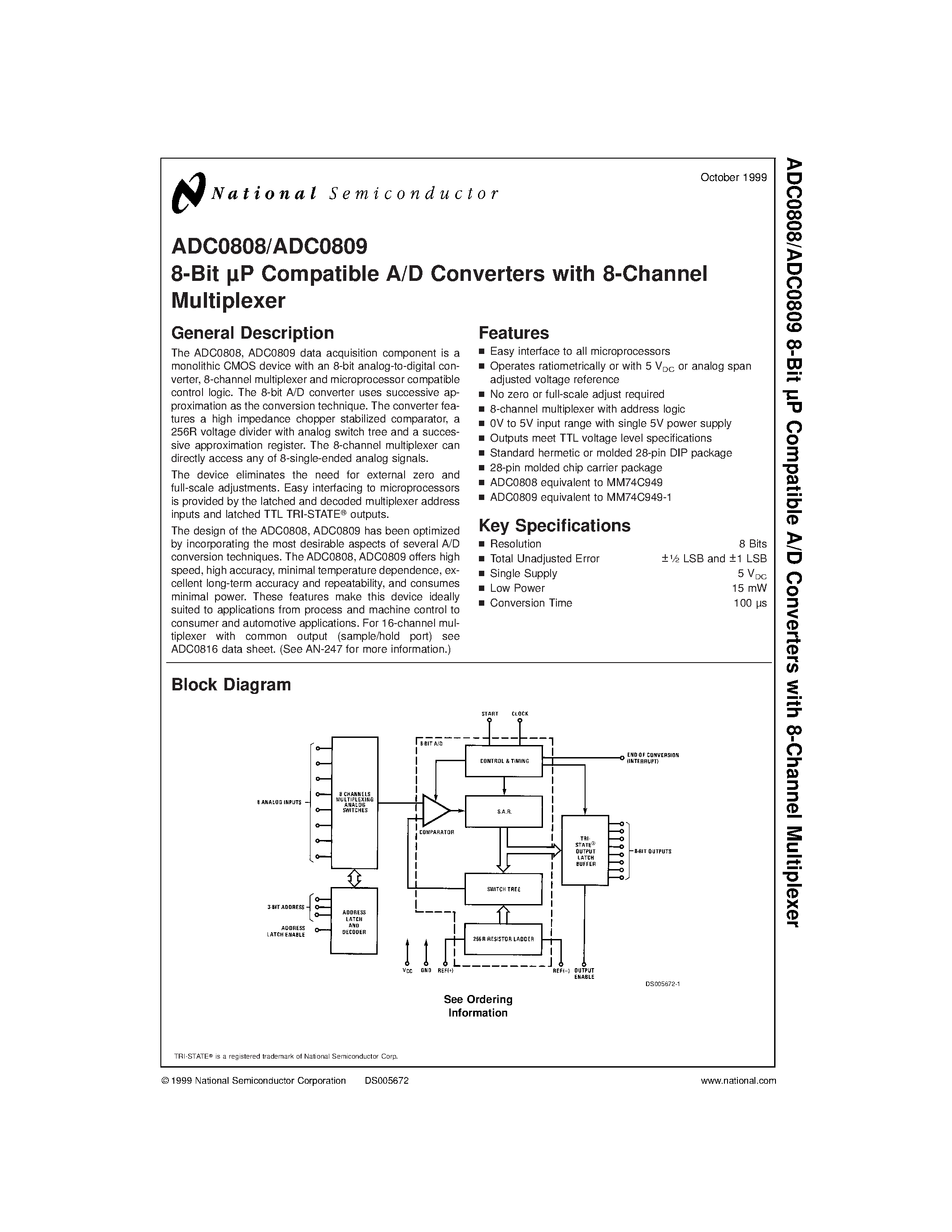 Даташит ADC0808CCN - 8-Bit uP Compatible A/D Converters with 8-Channel Multiplexer страница 1