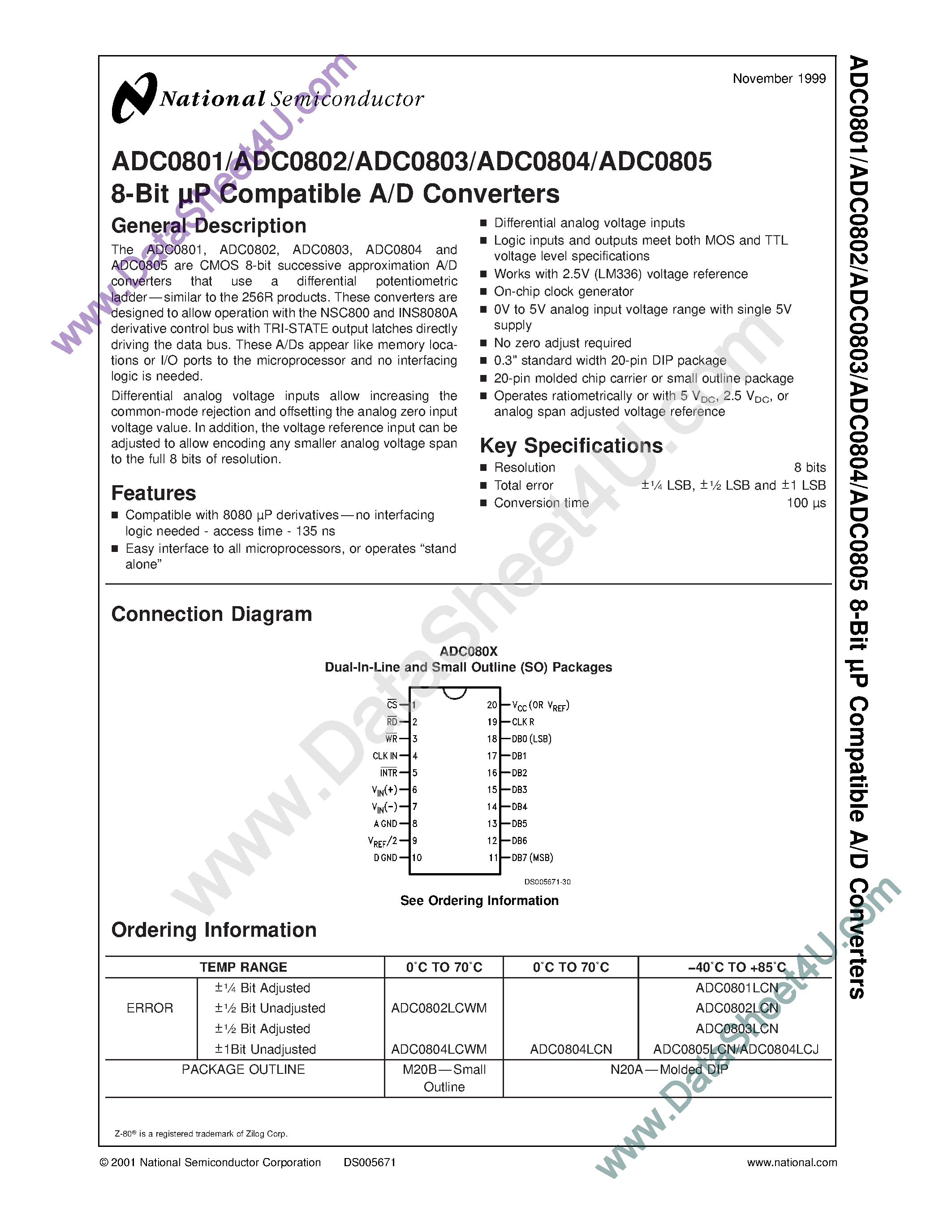 Datasheet ADC080X - 8 BIT UP COMPATIBLE A/D CONVERTERS page 1