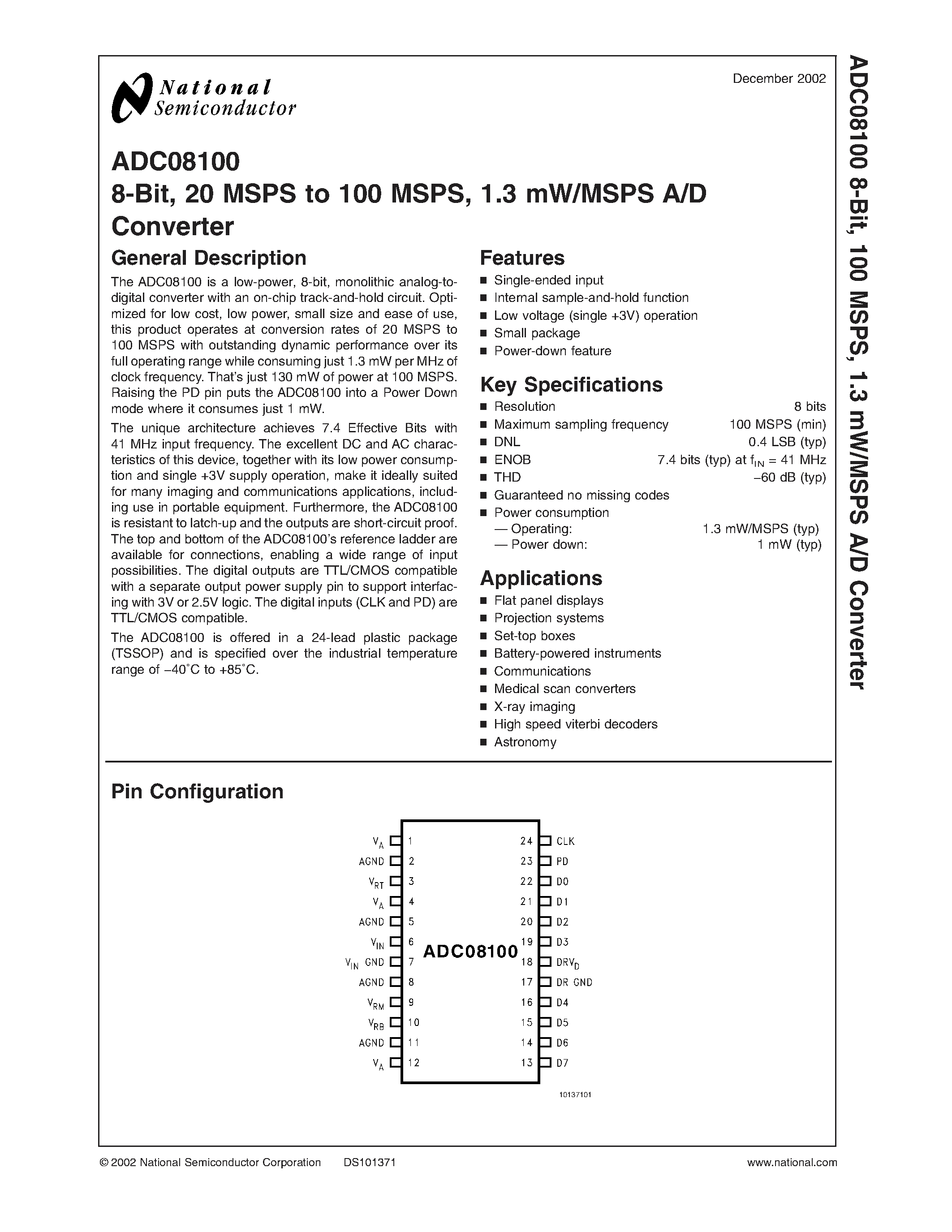Datasheet ADC08100 - 8-Bit/ 20 MSPS to 100 MSPS/ 1.3 mW/MSPS A/D Converter page 1