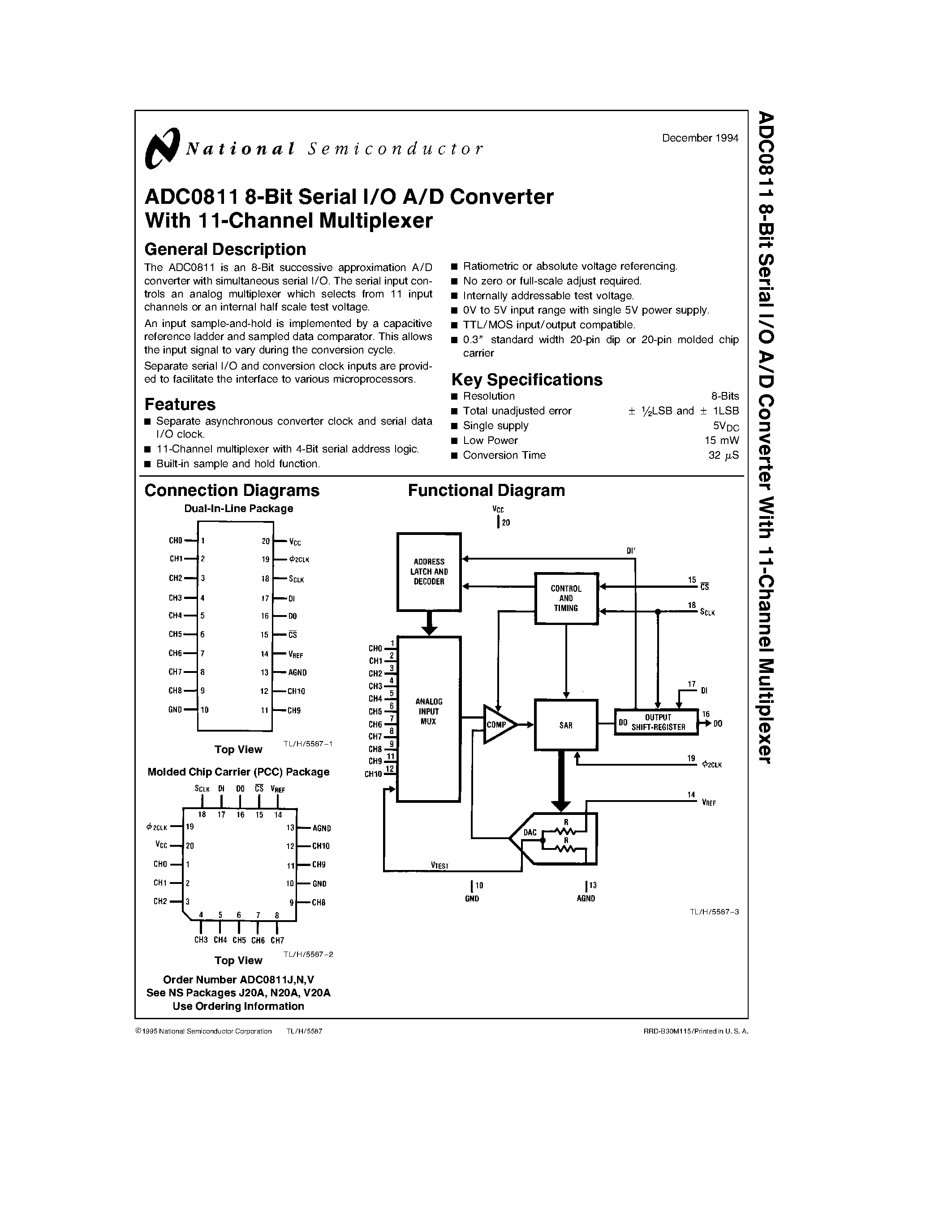 Datasheet ADC0811CCJ - 8-Bit Serial I/O A/D Converter With 11-Channel Multiplexer page 1