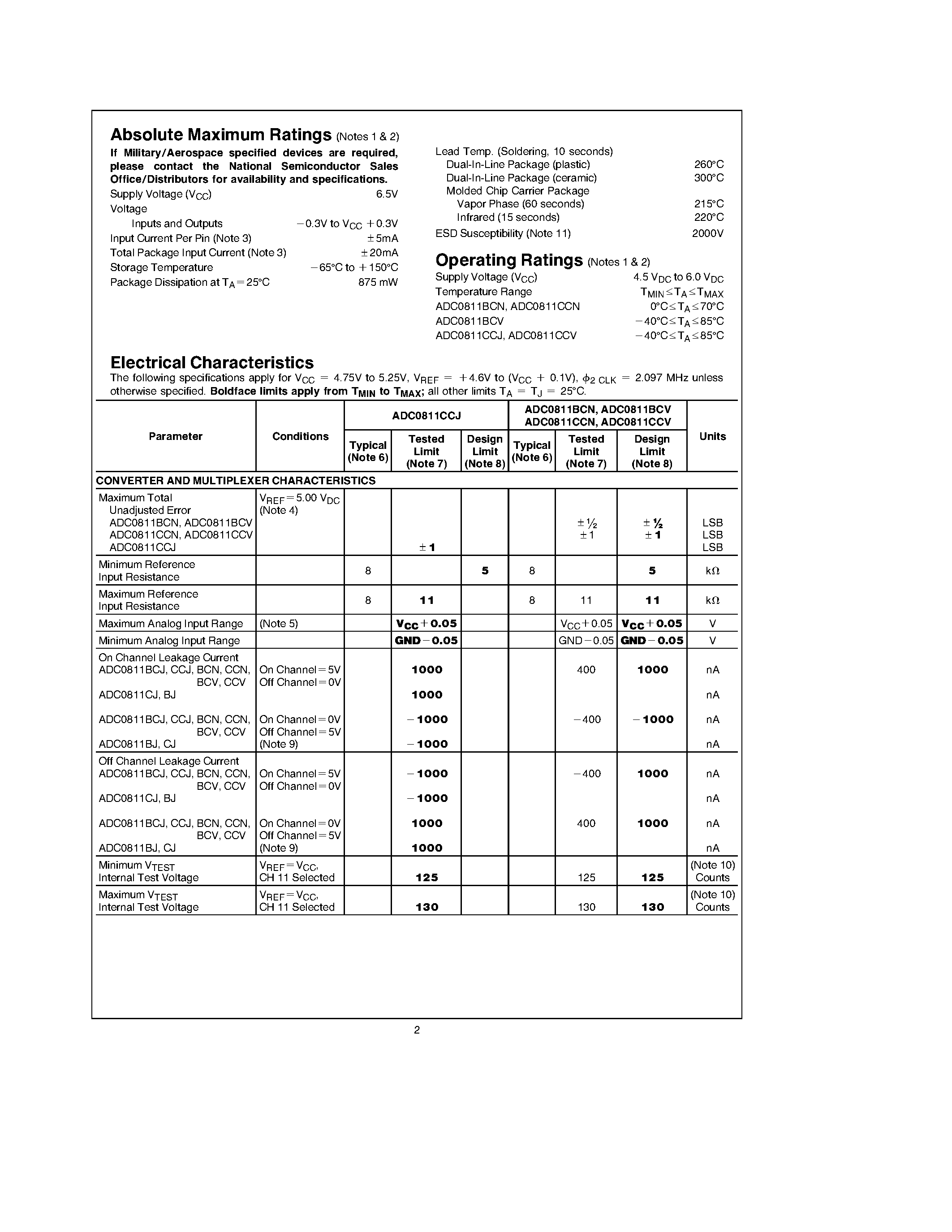 Datasheet ADC0811CCV - 8-Bit Serial I/O A/D Converter With 11-Channel Multiplexer page 2