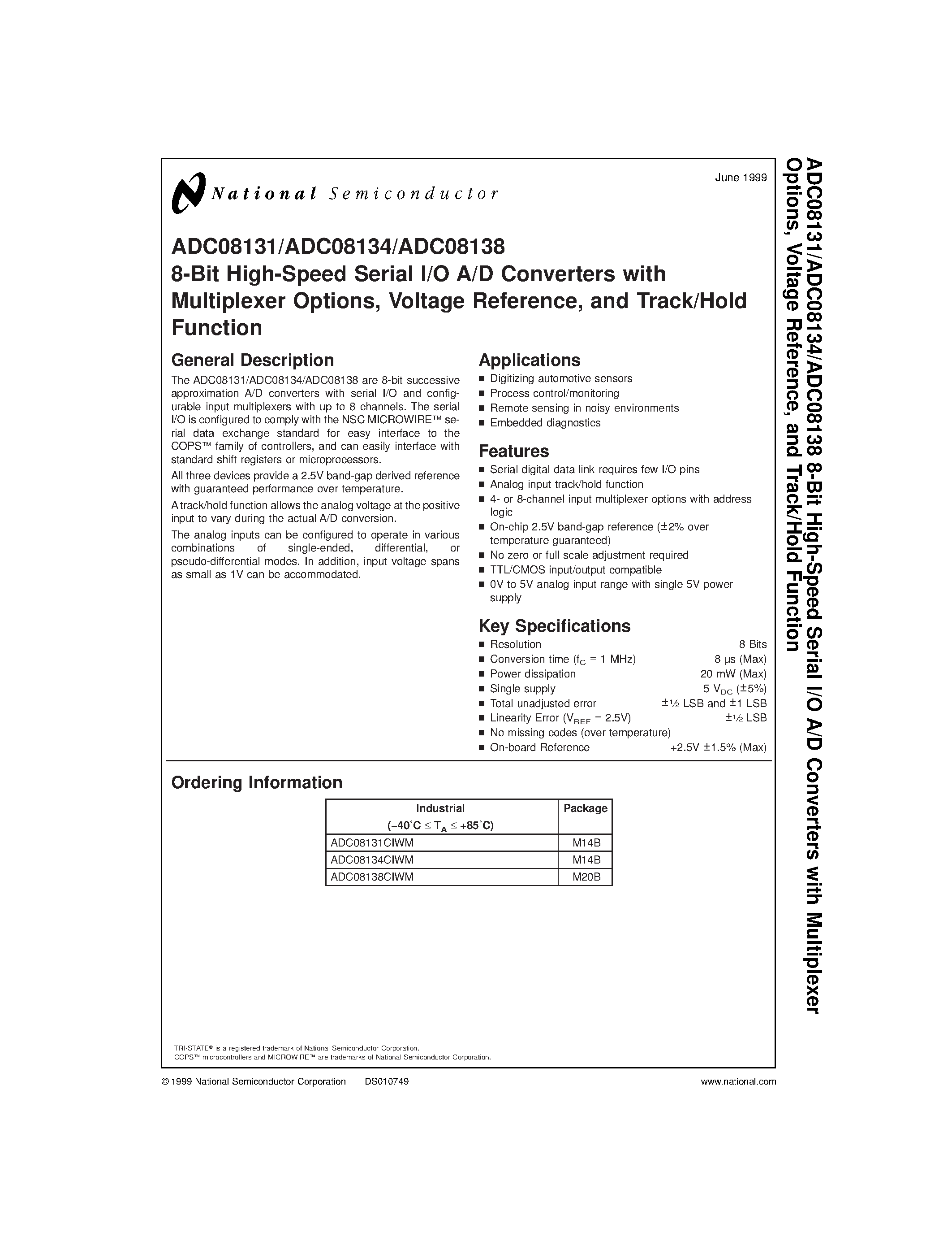 Datasheet ADC08131 - 8-Bit High-Speed Serial I/O A/D Converters with Multiplexer Options/ Voltage Reference/ and Track/Hold Function page 1