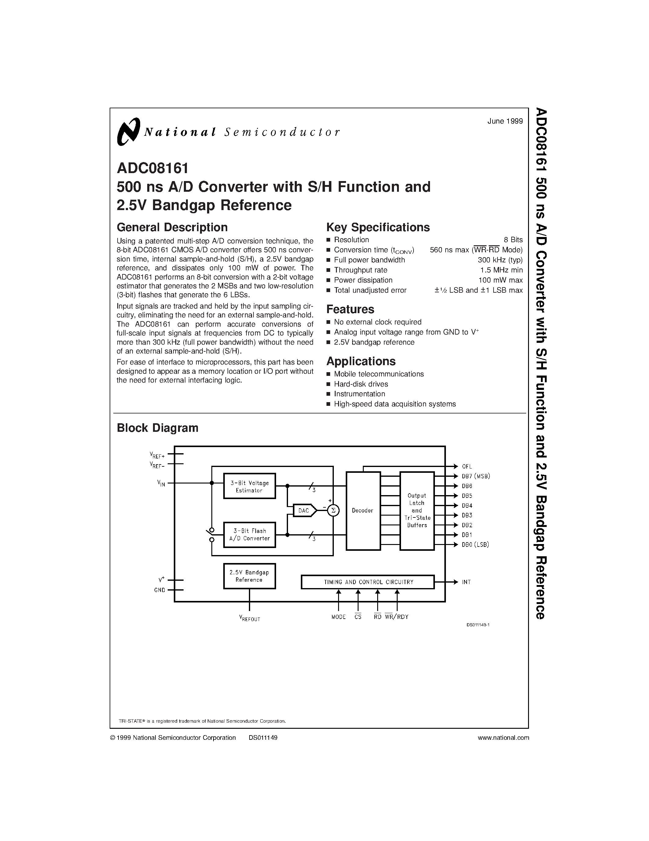 Datasheet ADC08161 page 1 Datasheet ADC08161 - 500 ns A/D Converter with S/H Function and 2.5V Bandgap Reference page 1
