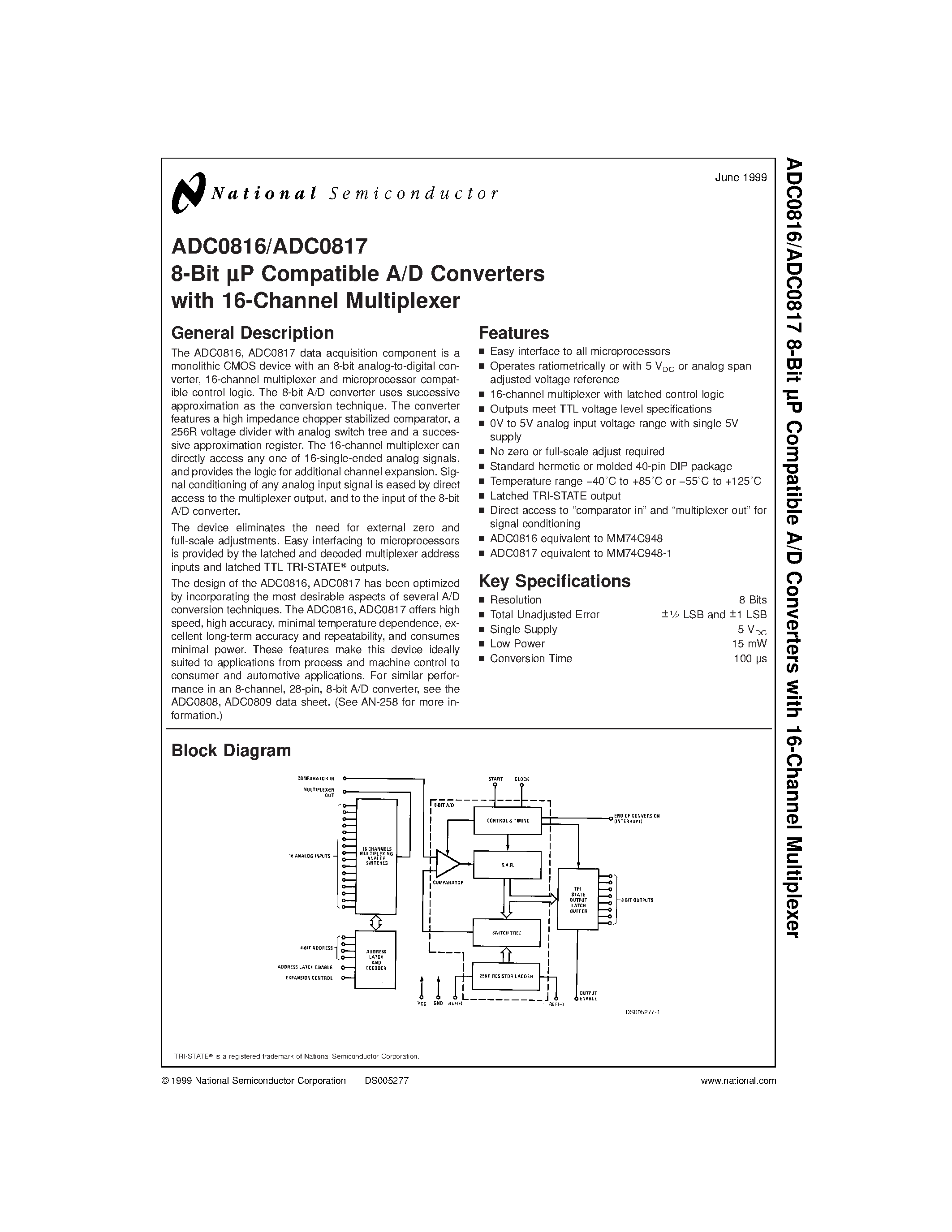 Datasheet ADC0816CCN - 8-Bit P Compatible A/D Converters with 16-Channel Multiplexer page 1