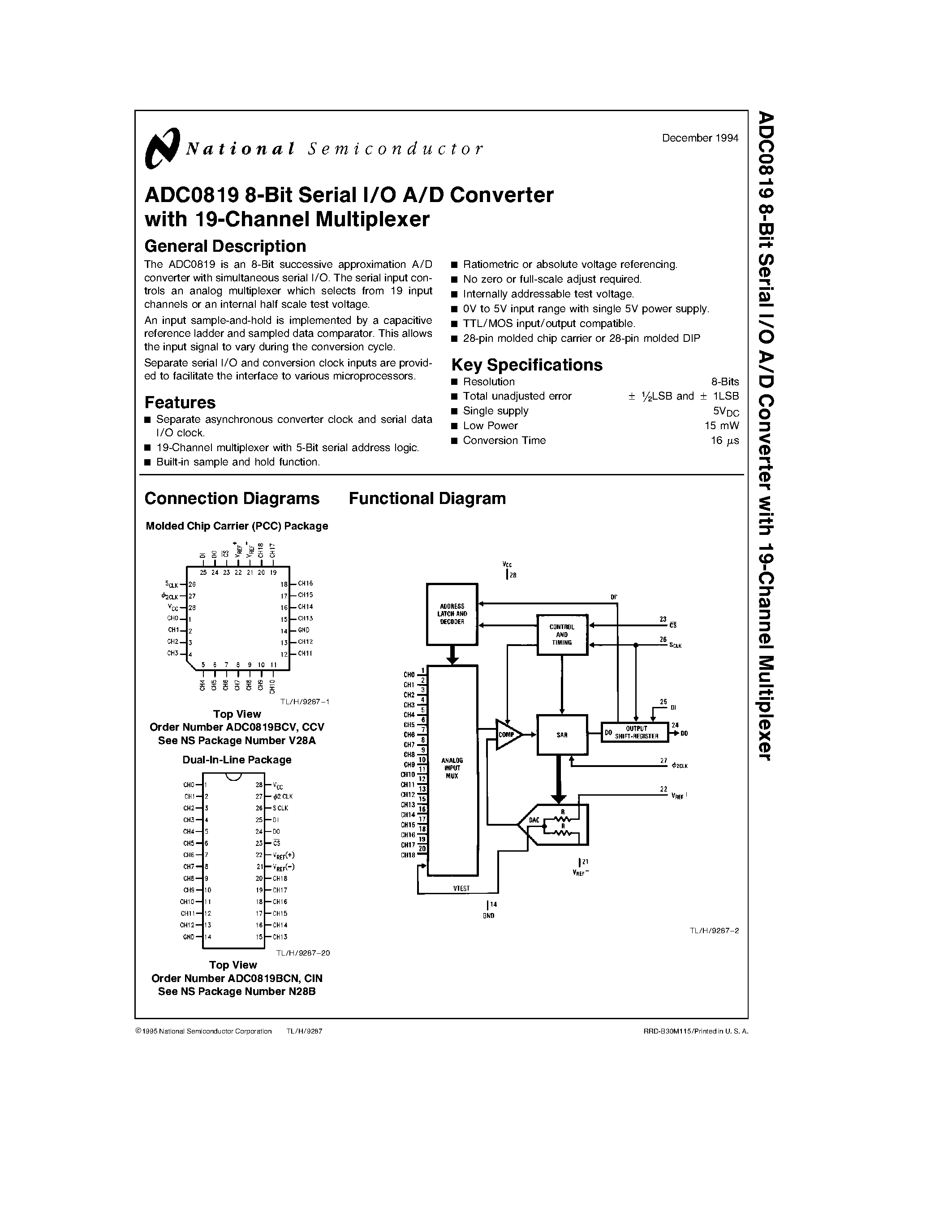 Datasheet ADC0819BCV - 8-Bit Serial I/O A/D Converter with 19-Channel Multiplexer page 1