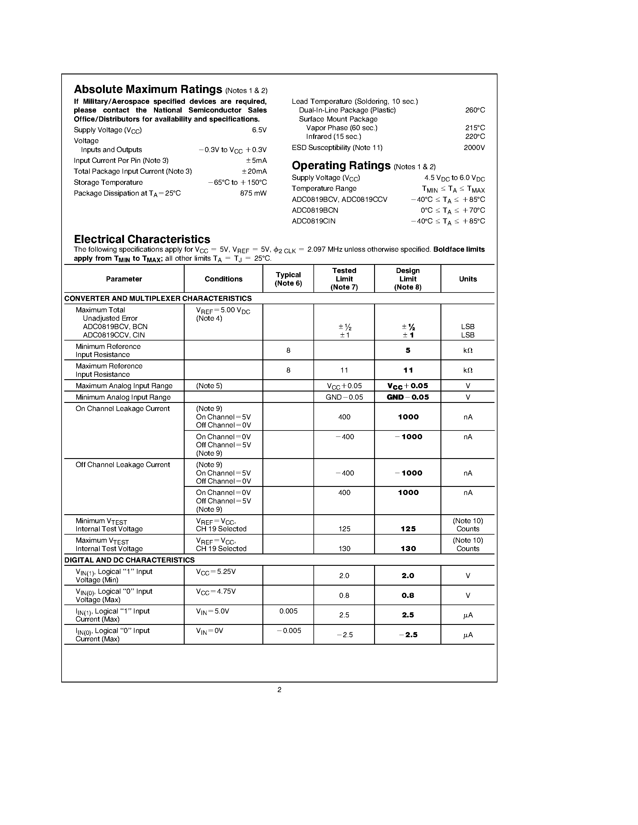 Datasheet ADC0819BCV - 8-Bit Serial I/O A/D Converter with 19-Channel Multiplexer page 2