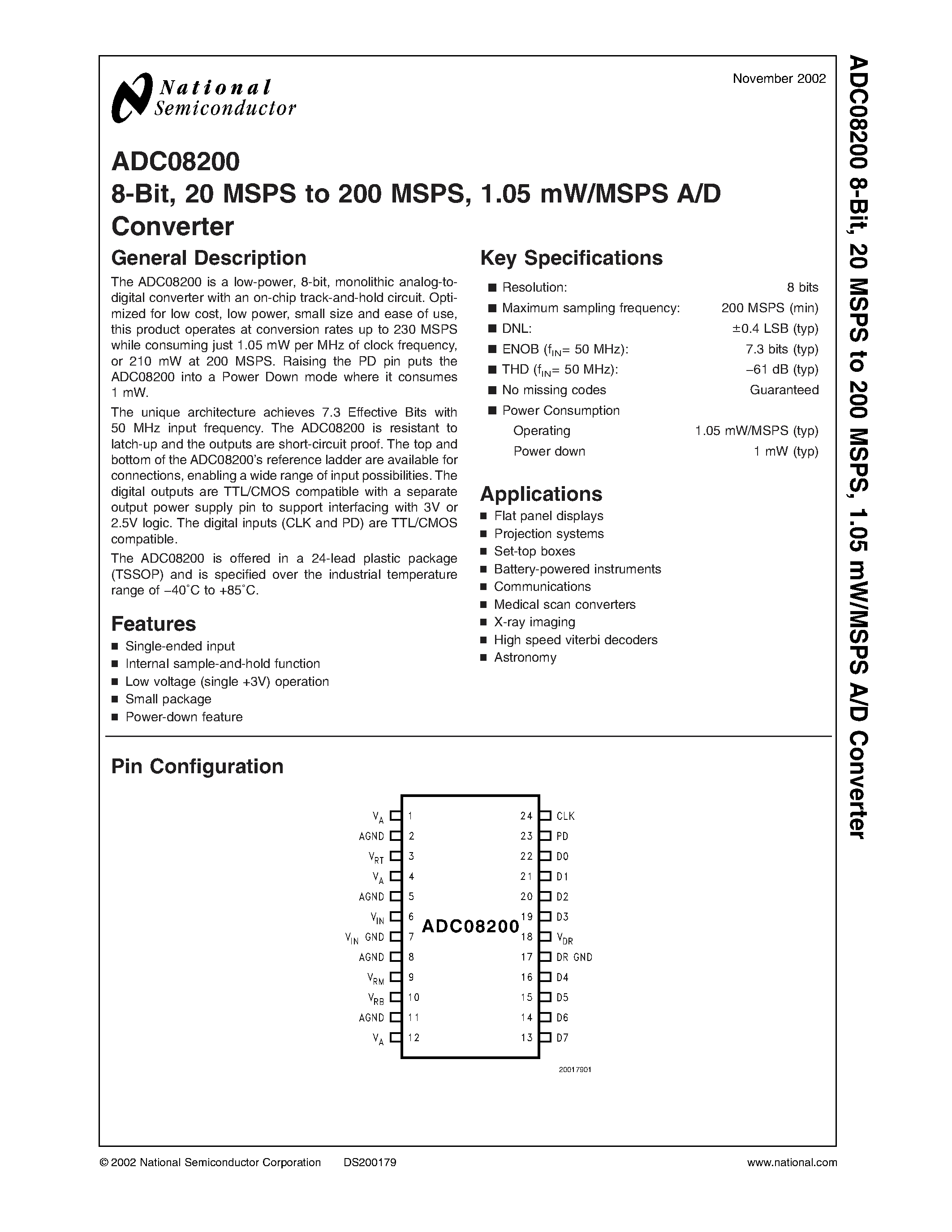 Datasheet ADC08200 - 8-Bit/ 20 MSPS to 200 MSPS/ 1.05 mW/MSPS A/D Converter page 1