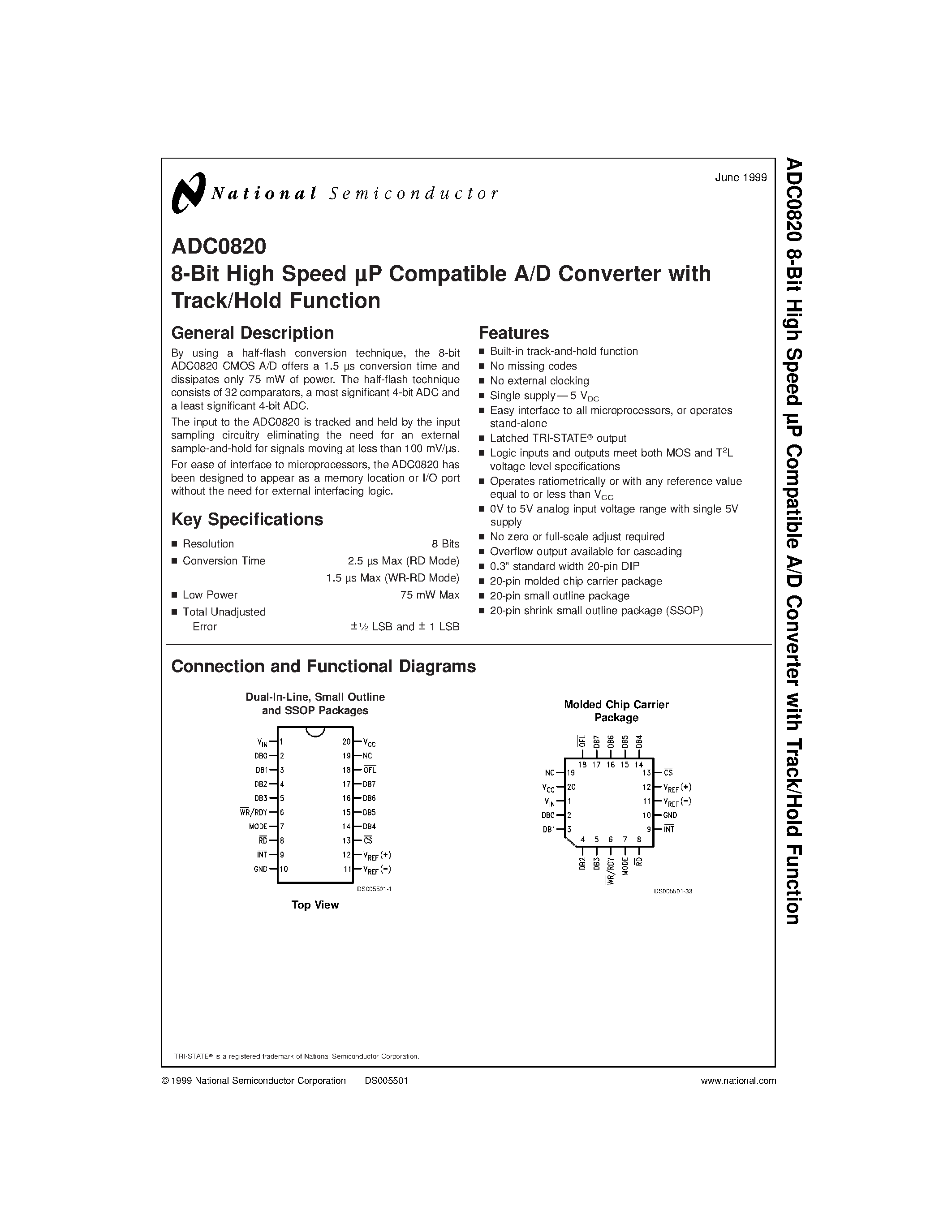 Datasheet ADC0820BCN - 8-Bit High Speed P Compatible A/D Converter with Track/Hold Function page 1