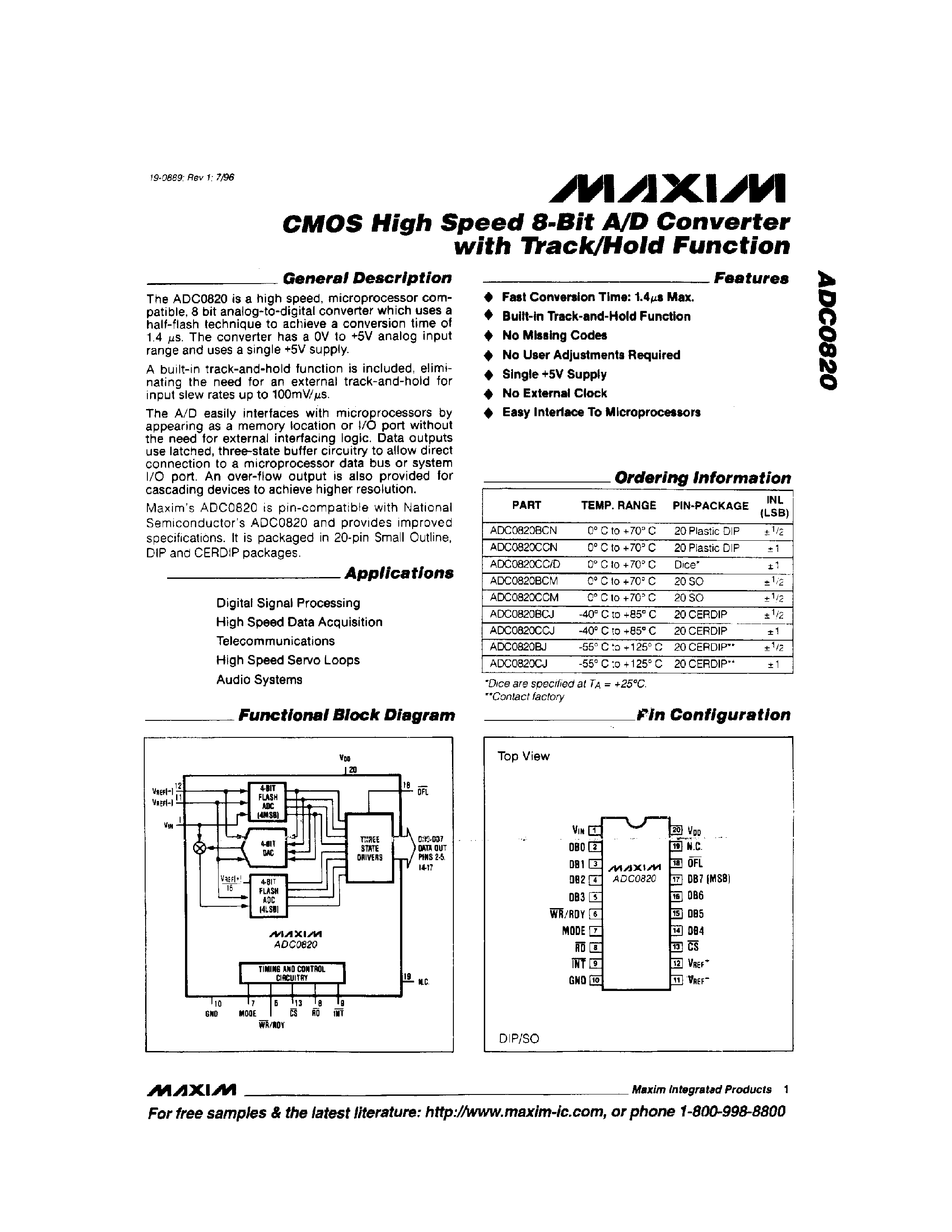 Datasheet ADC0820BJ - CMOS High Speed 8-Bit A/D Converter with Track/Hold Function page 1