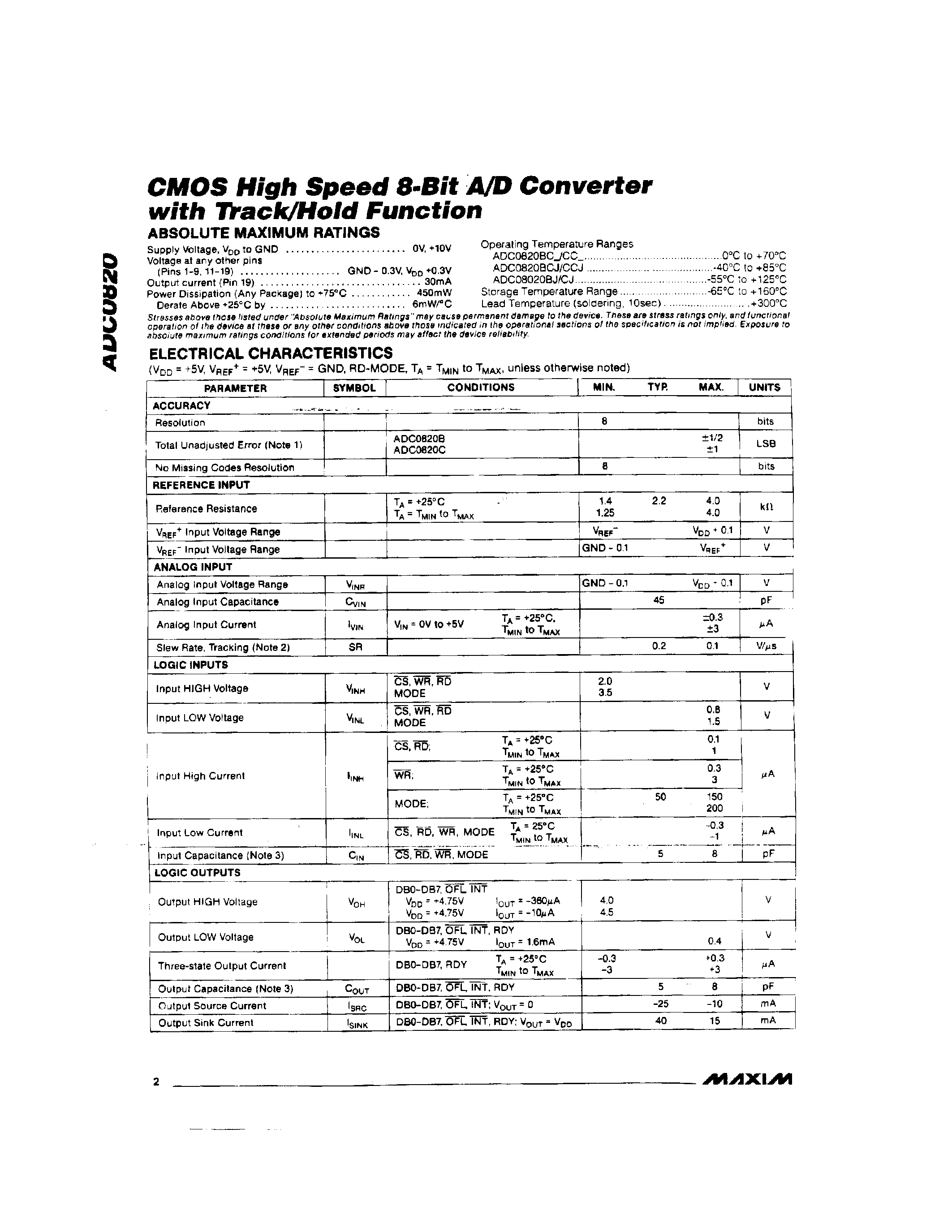 Datasheet ADC0820BJ - CMOS High Speed 8-Bit A/D Converter with Track/Hold Function page 2