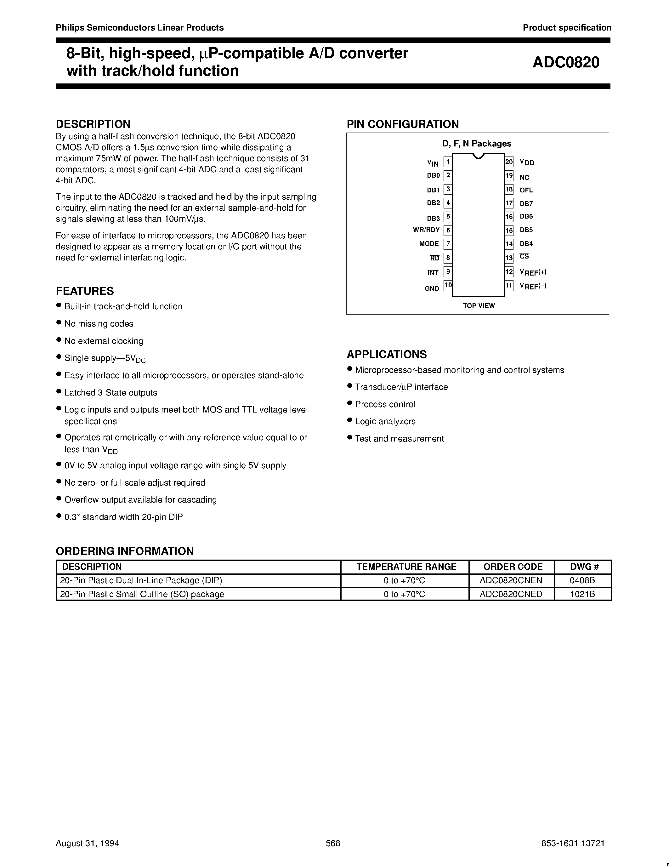 Datasheet ADC0820CNEN - 8-Bit/ high-speed/ mP-compatible A/D converter with track/hold function page 1