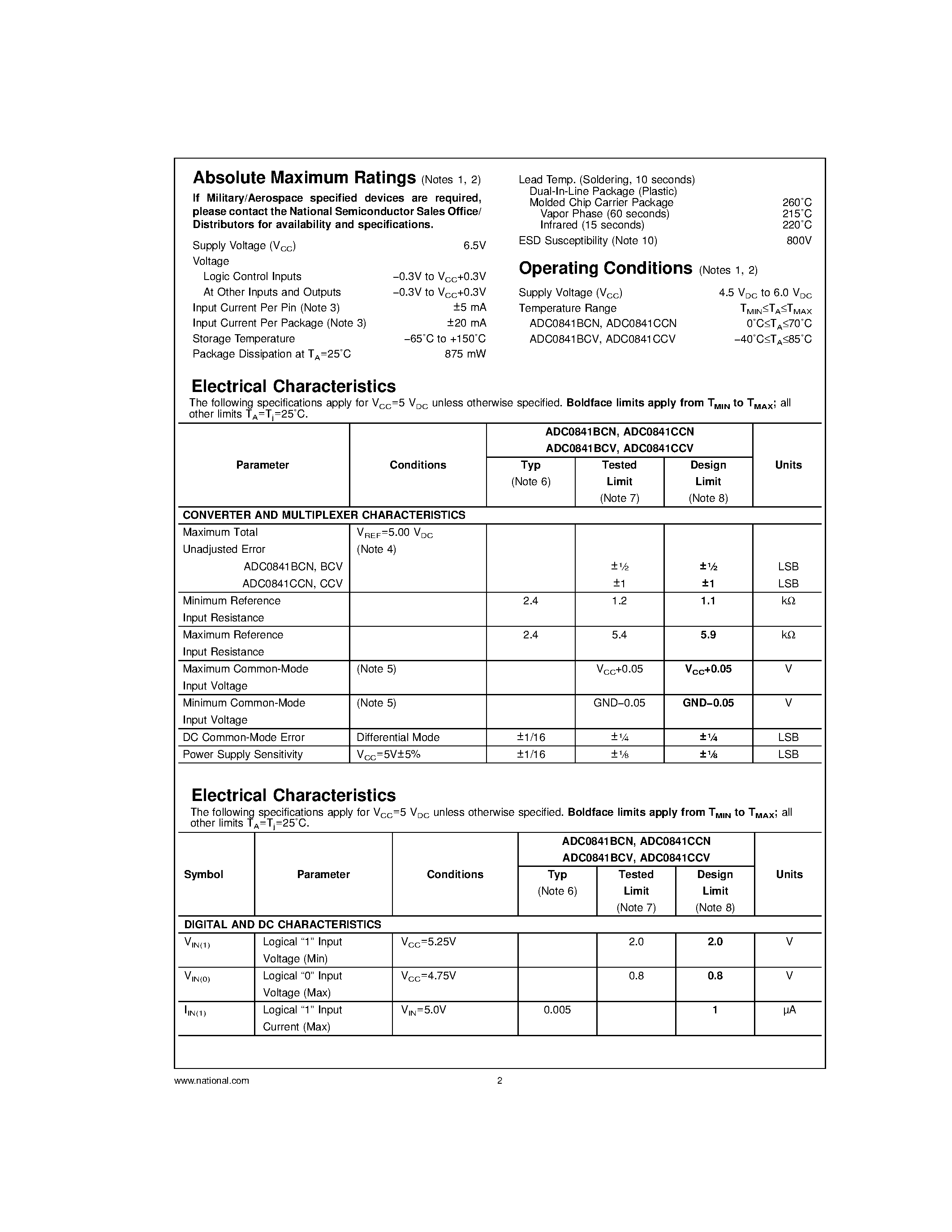 Datasheet ADC0841CCV - 8-Bit P Compatible A/D Converter page 2