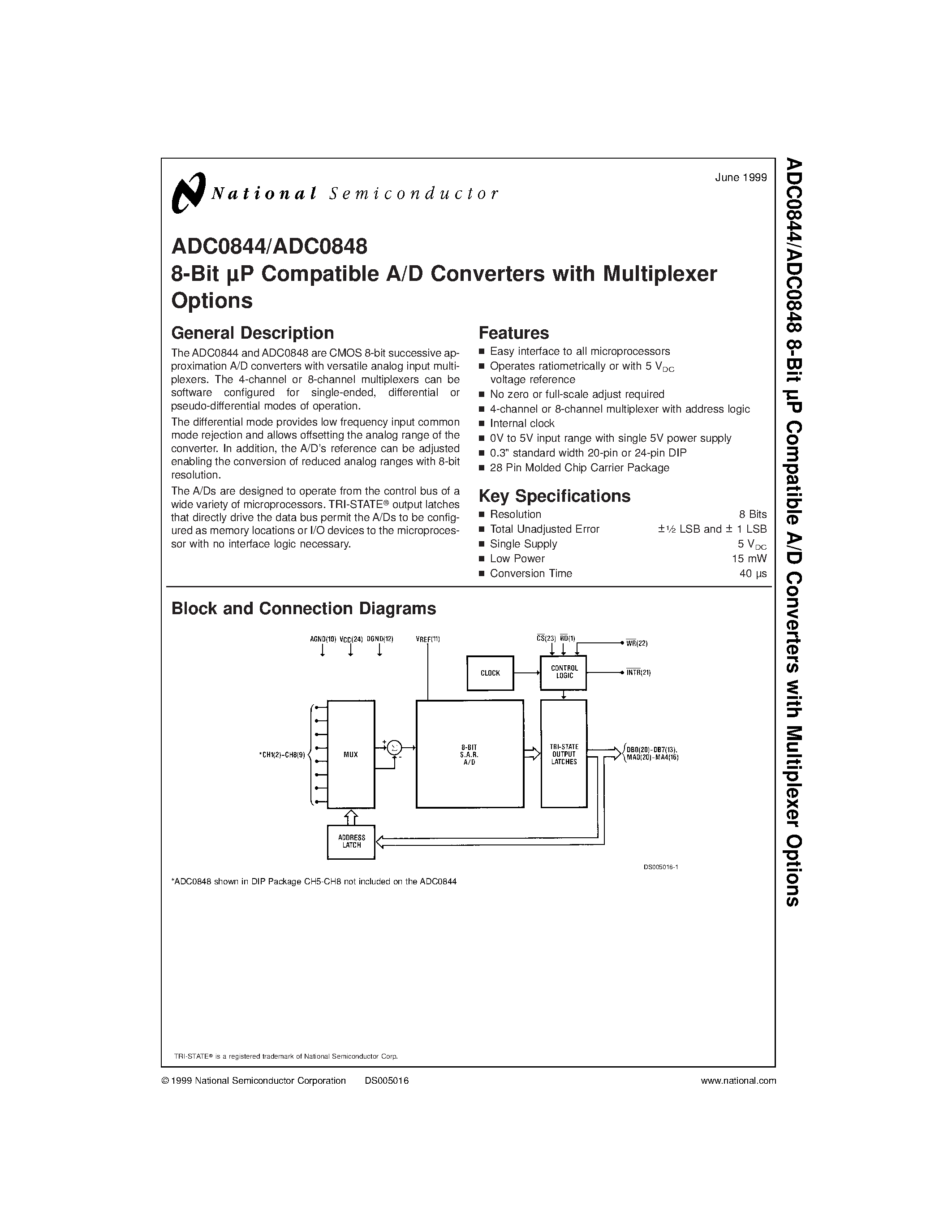 Datasheet ADC0848BCN - 8-Bit uP Compatible A/D Converters with Multiplexer Options page 1