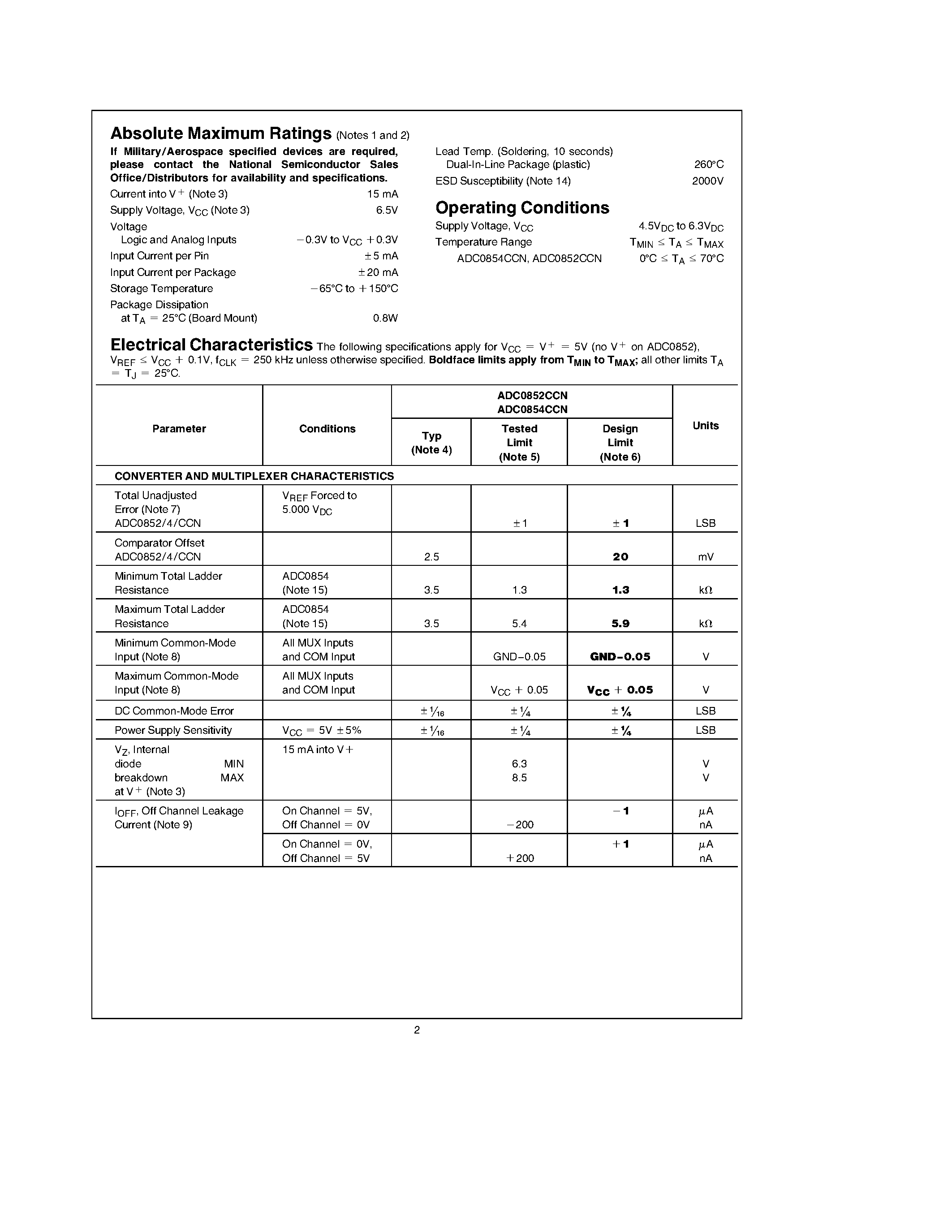 Datasheet ADC0852 page 2 Datasheet ADC0852 - Multiplexed Comparator with 8-Bit Reference Divider page 2
