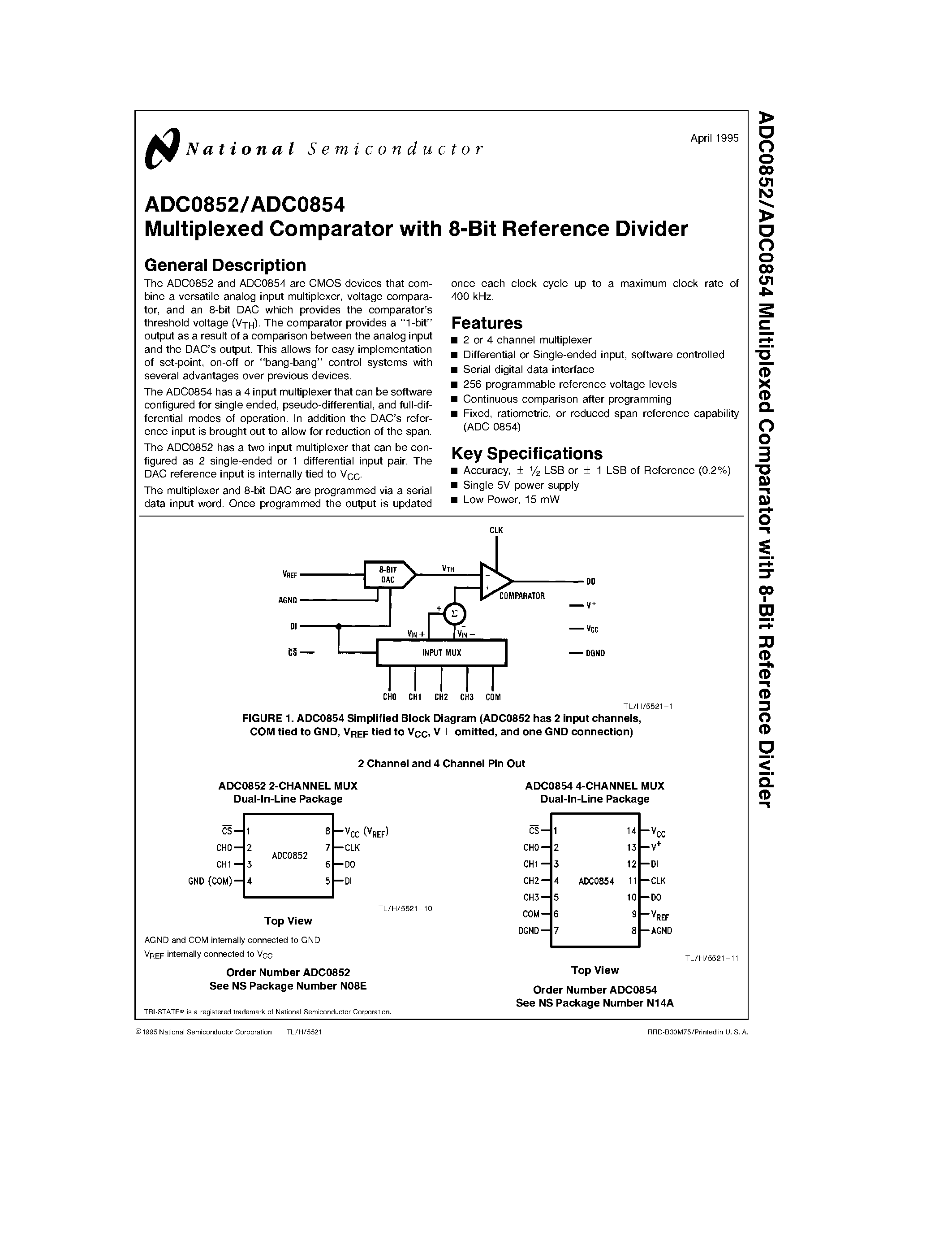 Datasheet ADC0854CCN page 1 Datasheet ADC0854CCN - Multiplexed Comparator with 8-Bit Reference Divider page 1