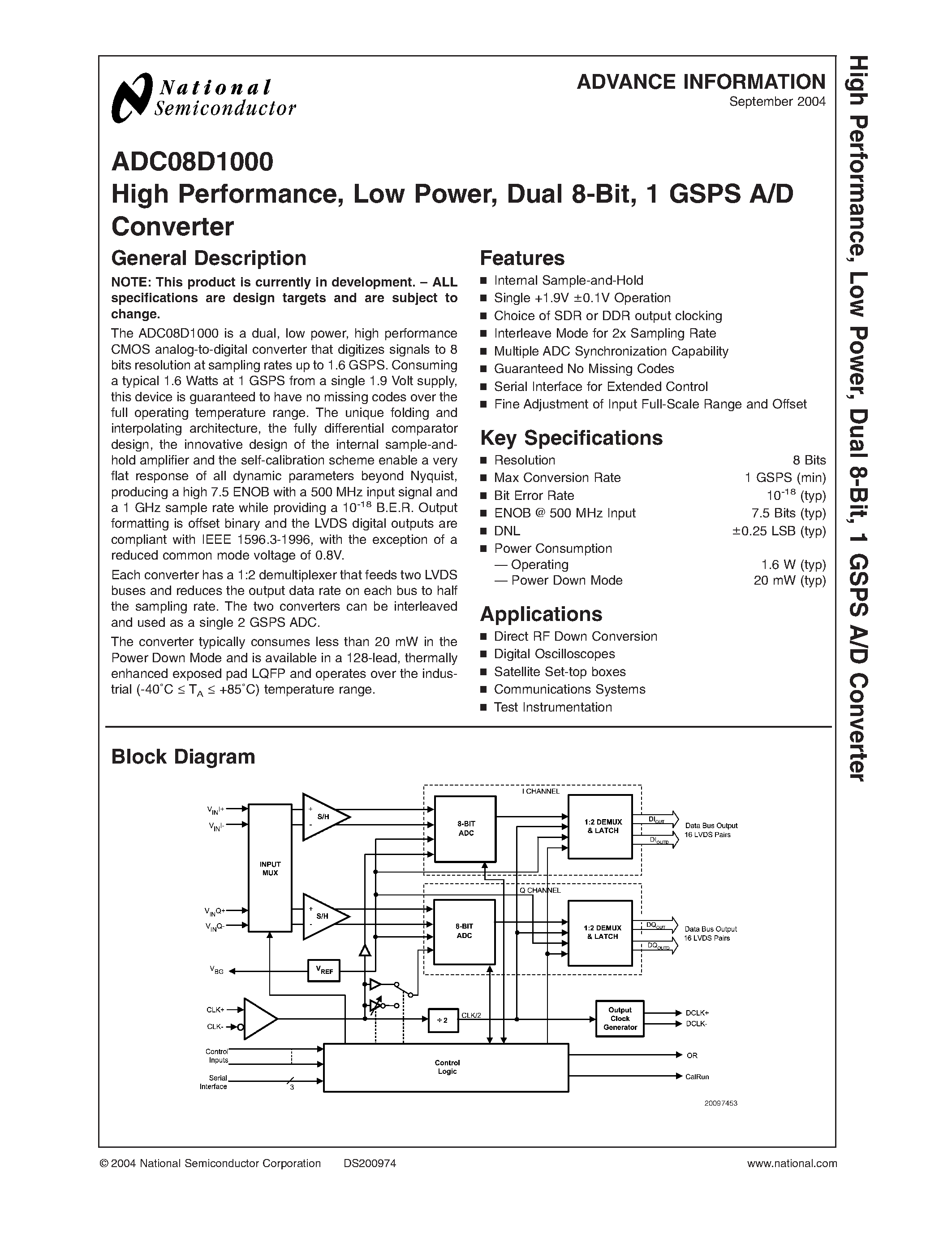 Datasheet ADC08D1000EVAL - High Performance/ Low Power/ Dual 8-Bit/ 1 GSPS A/D Converter page 1