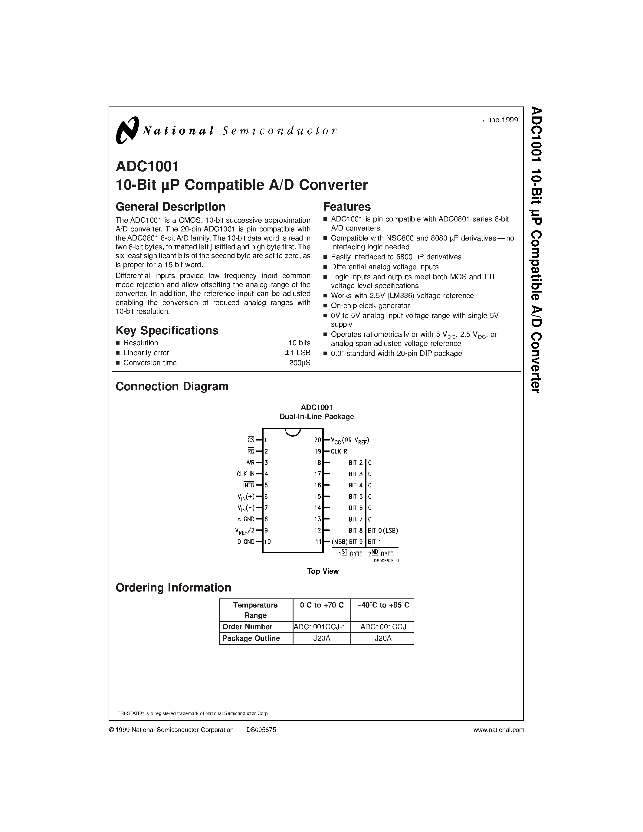 Datasheet ADC1001CCJ-1 - 10-Bit P Compatible A/D Converter page 1
