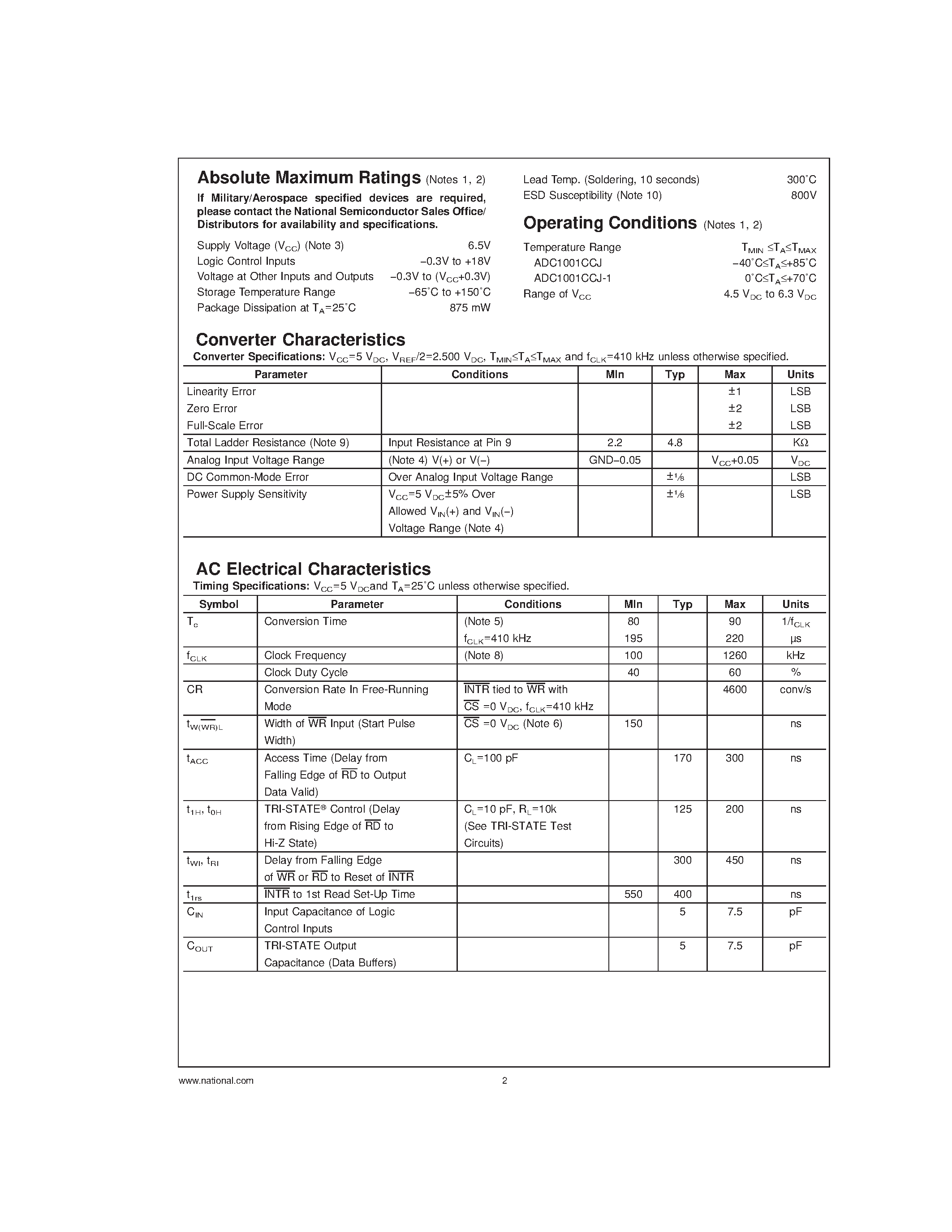 Datasheet ADC1001CCJ-1 - 10-Bit P Compatible A/D Converter page 2