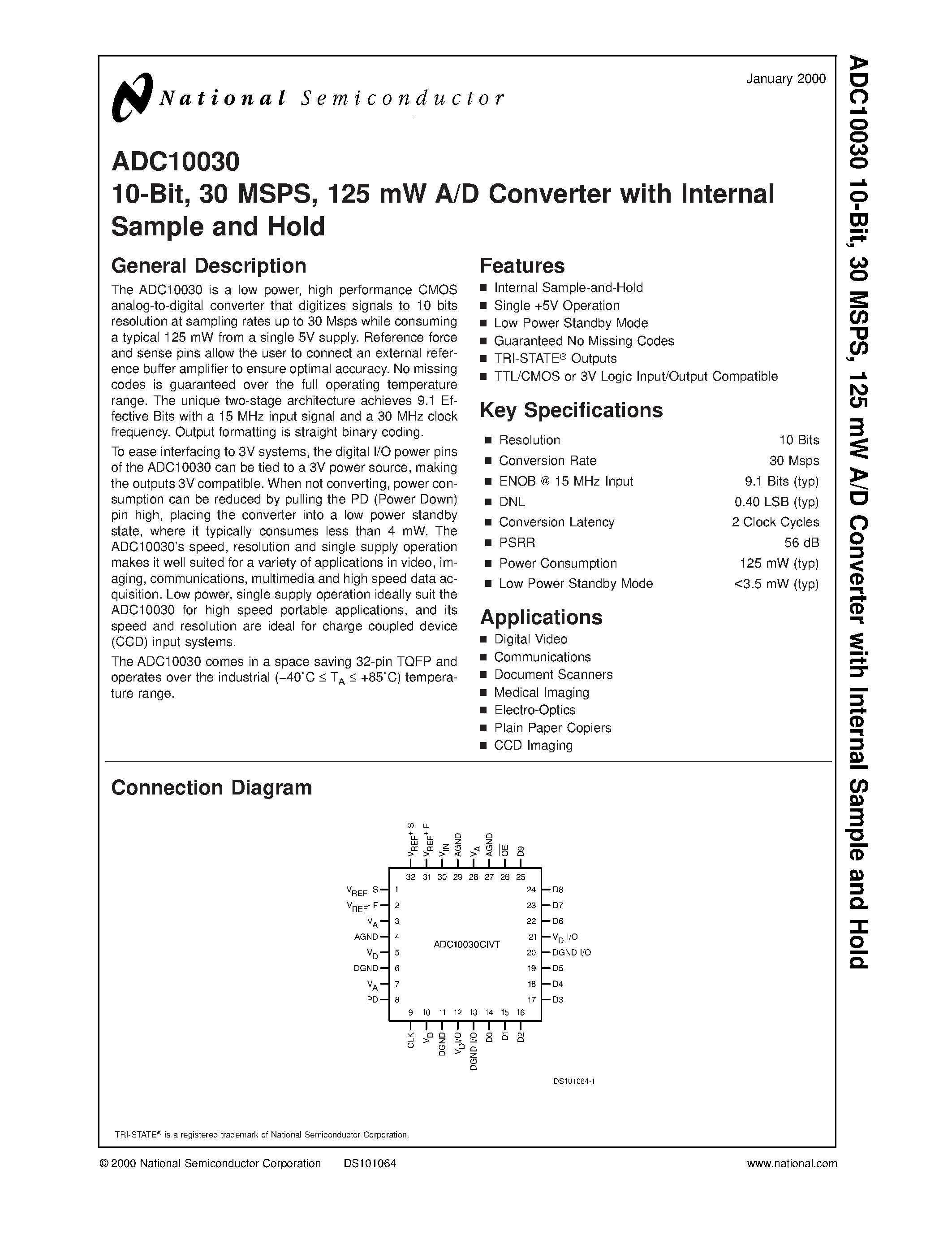 Datasheet ADC10030 - 10-Bit/ 30 MSPS/ 125 mW A/D Converter with Internal Sample and Hold page 1