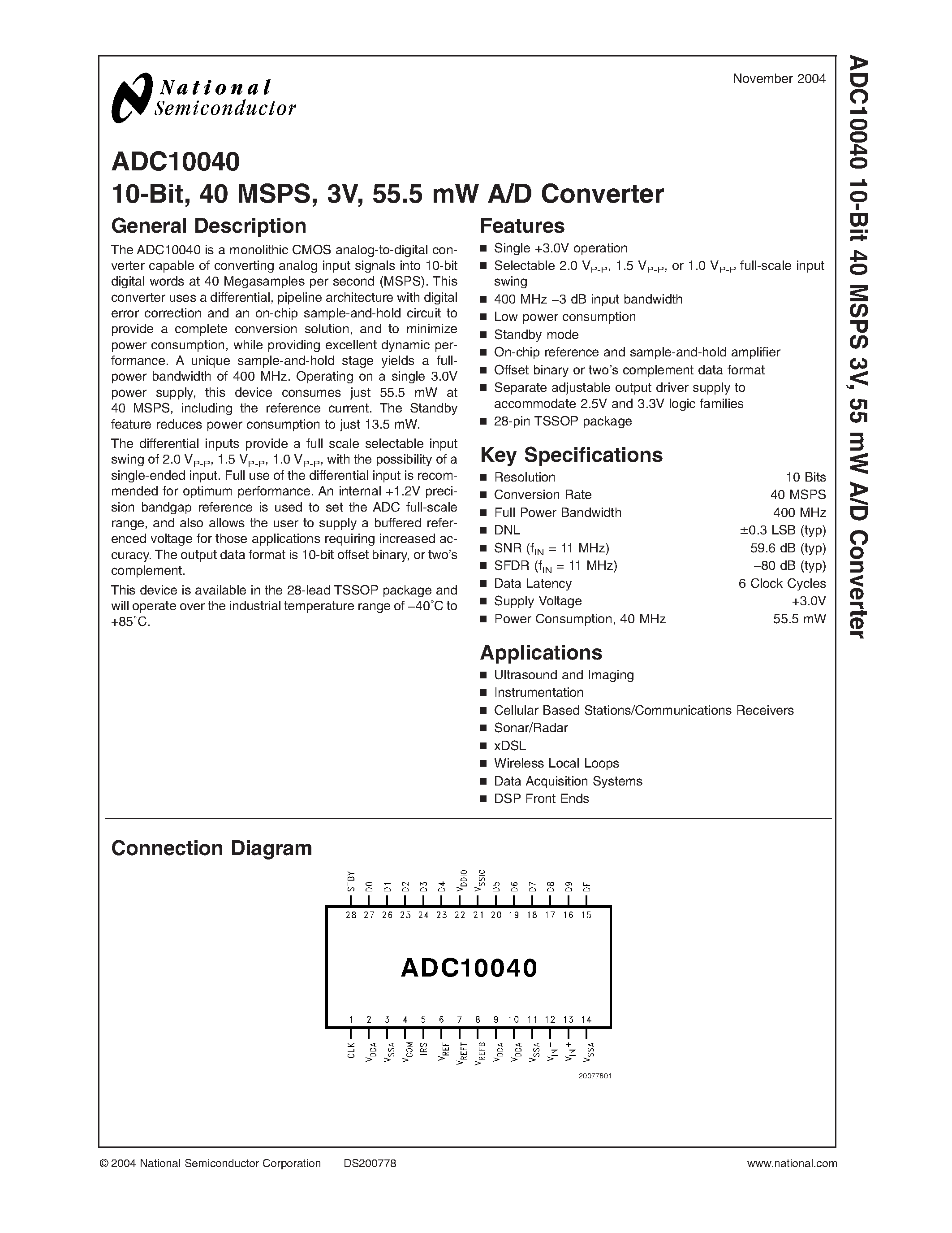 Datasheet ADC10040 - 10-Bit/ 40 MSPS/ 3V/ 55.5 mW A/D Converter page 1