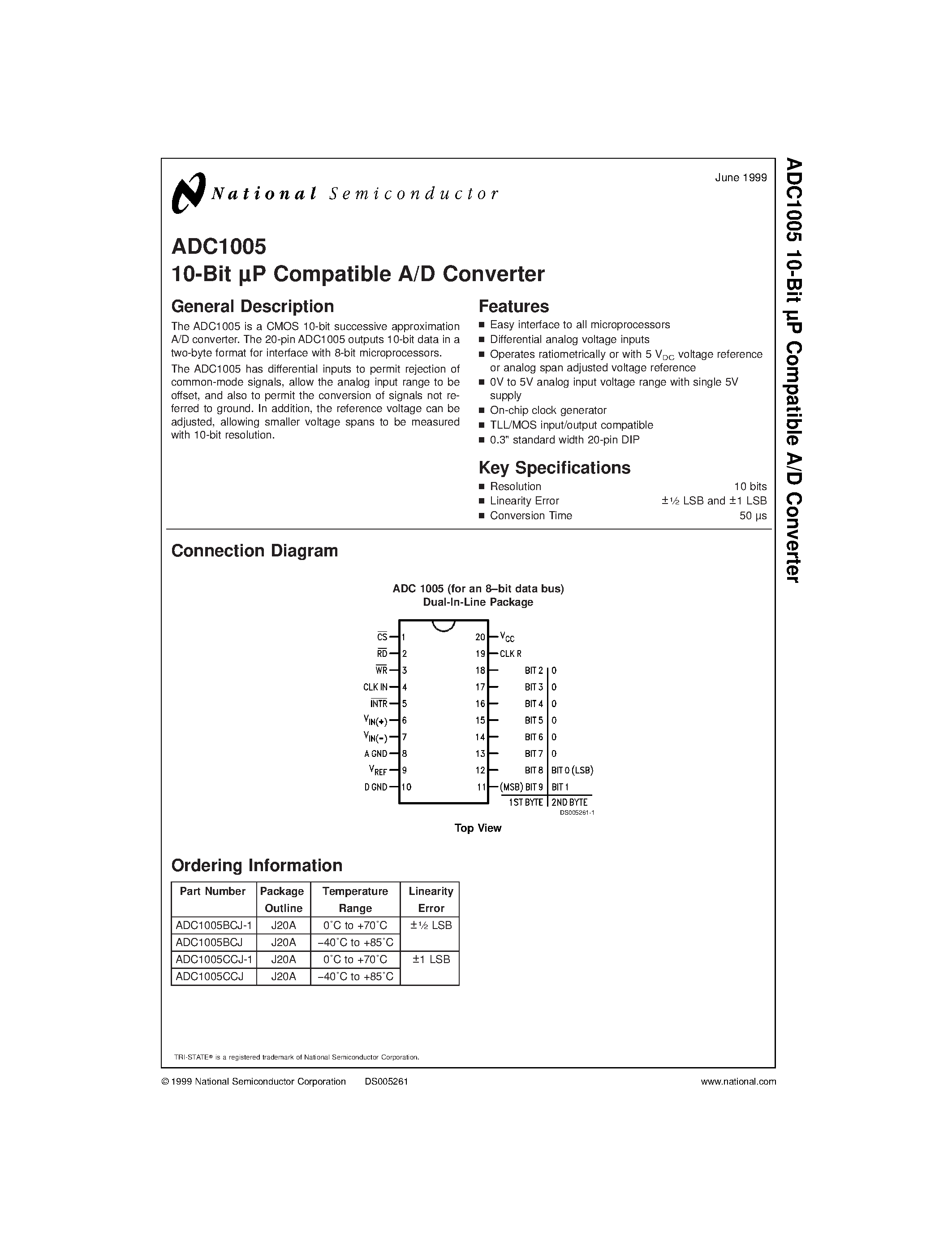 Datasheet ADC1005BCJ page 1 Datasheet ADC1005BCJ - 10-Bit P Compatible A/D Converter page 1