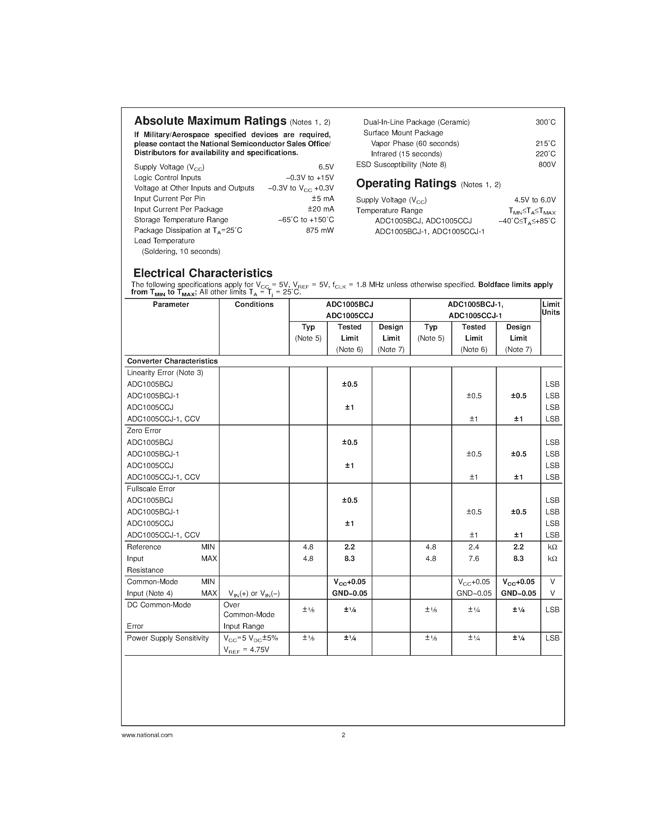Datasheet ADC1005BCJ-1 page 2 Datasheet ADC1005BCJ-1 - 10-Bit P Compatible A/D Converter page 2