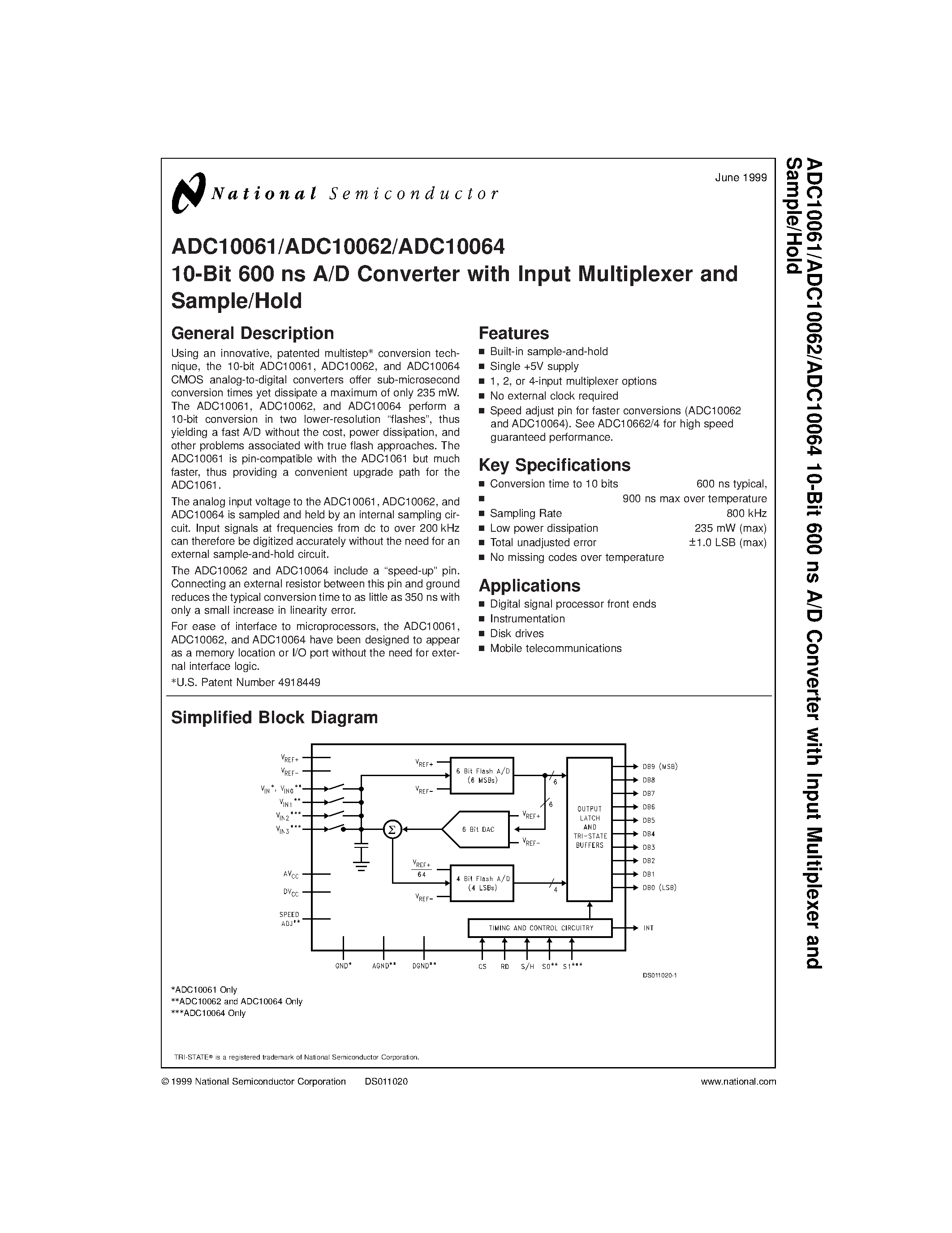 Datasheet ADC10064CIWM page 1 Datasheet ADC10064CIWM - 10-Bit 600 ns A/D Converter with Input Multiplexer and Sample/Hold page 1