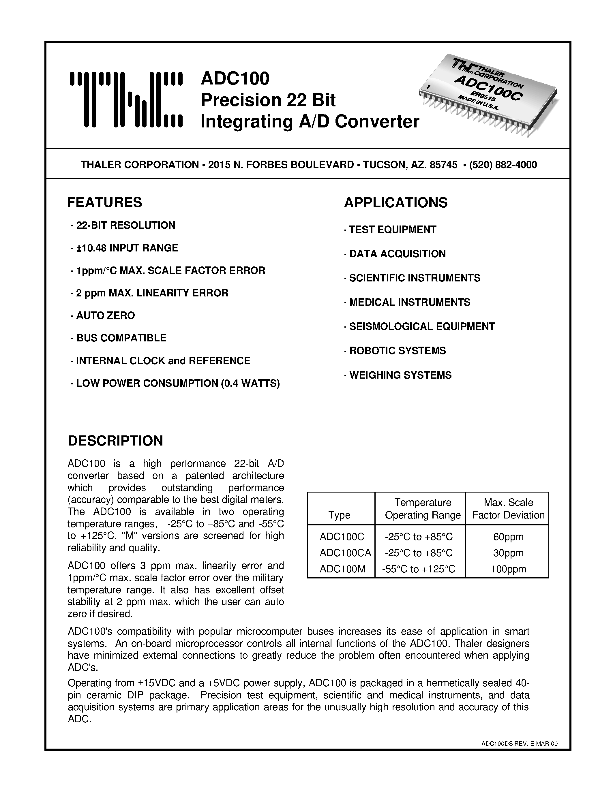 Datasheet ADC100C - Precision 22 Bit Integrating A/D Converter page 1