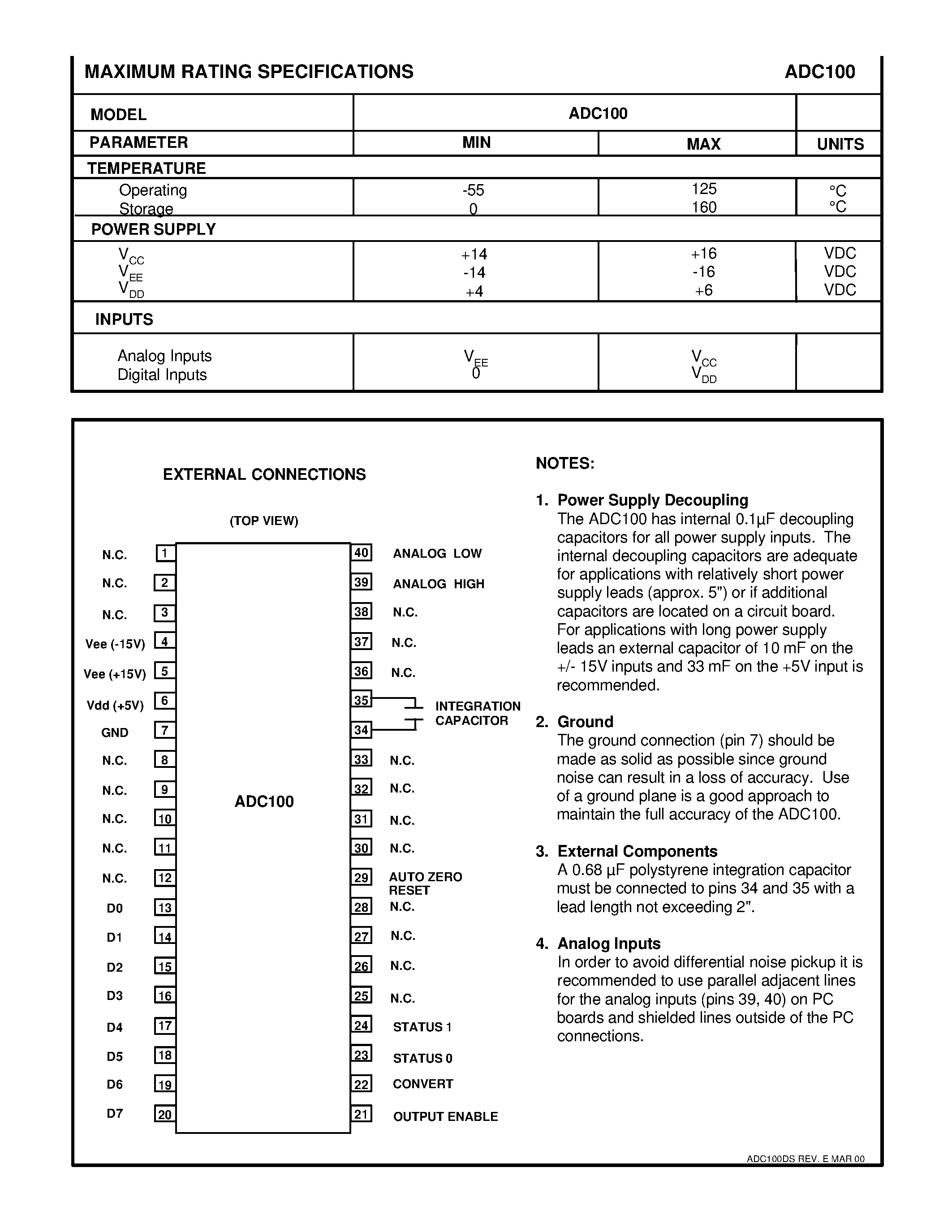 Datasheet ADC100CA - Precision 22 Bit Integrating A/D Converter page 2