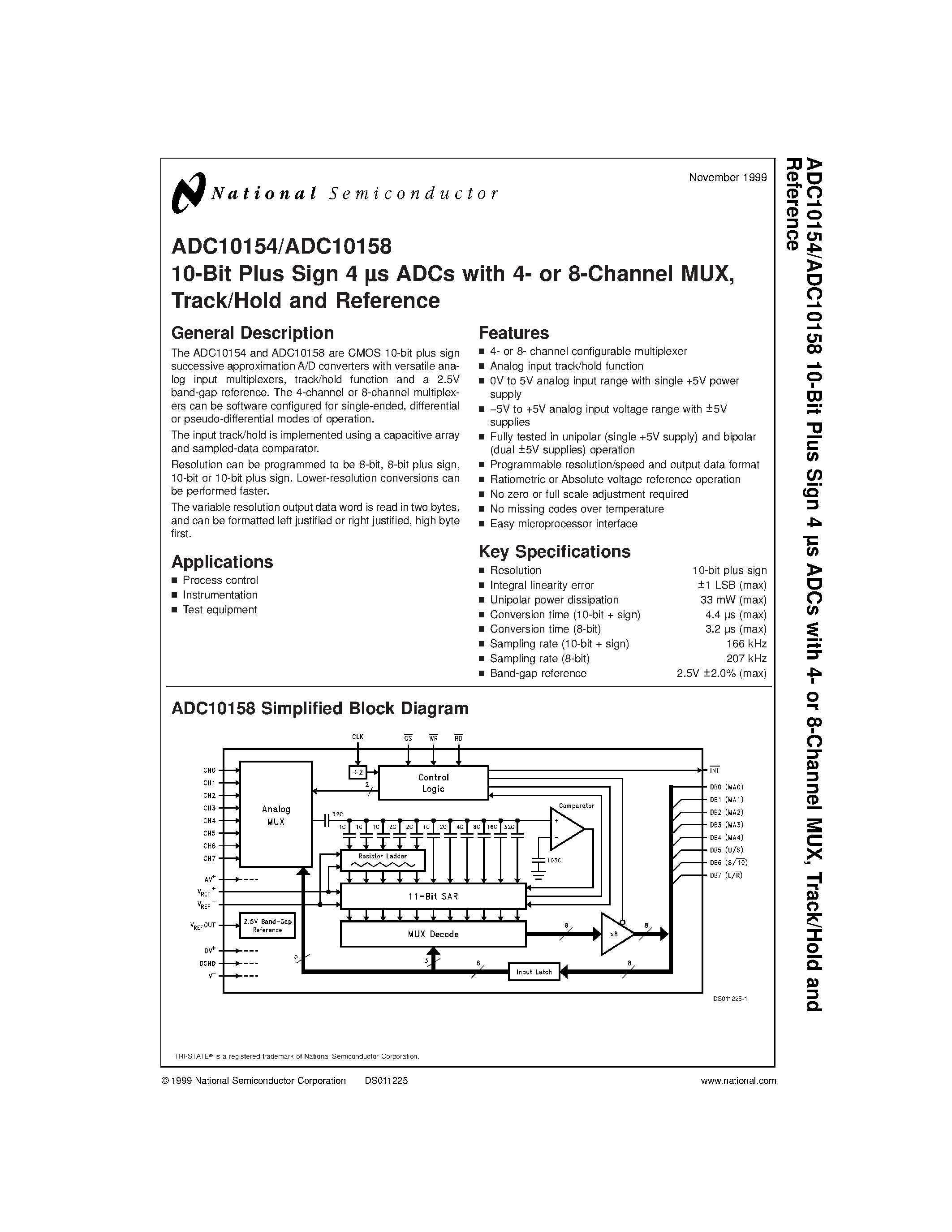 Даташит на микросхему ADC10158CIN страница 1 Даташит ADC10158CIN - 10-Bit Plus Sign 4 s ADCs with 4- or 8-Channel MUX/ Track/Hold and Reference страница 1