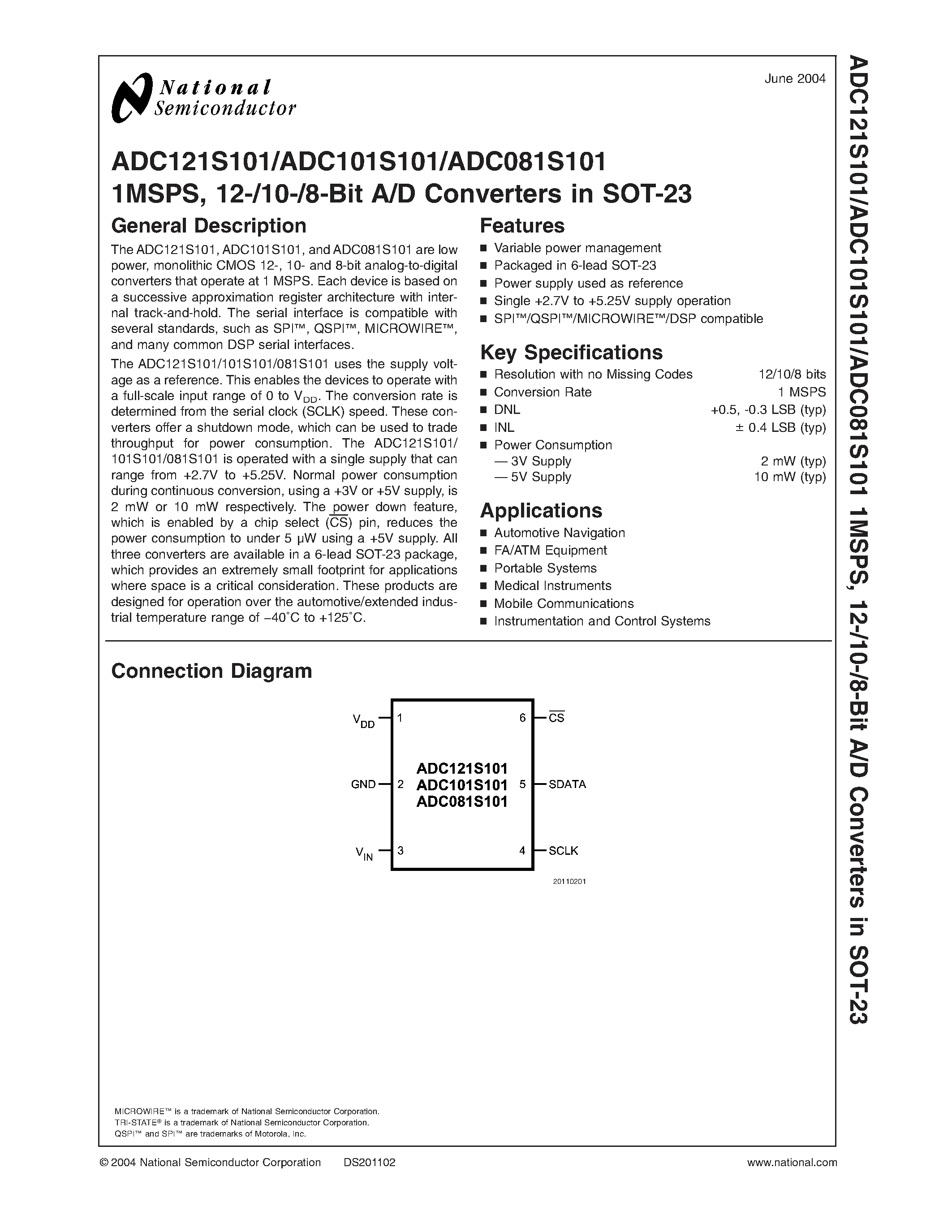 Datasheet ADC101S101 - 1MSPS/ 12-/10-/8-Bit A/D Converters in SOT-23 page 1