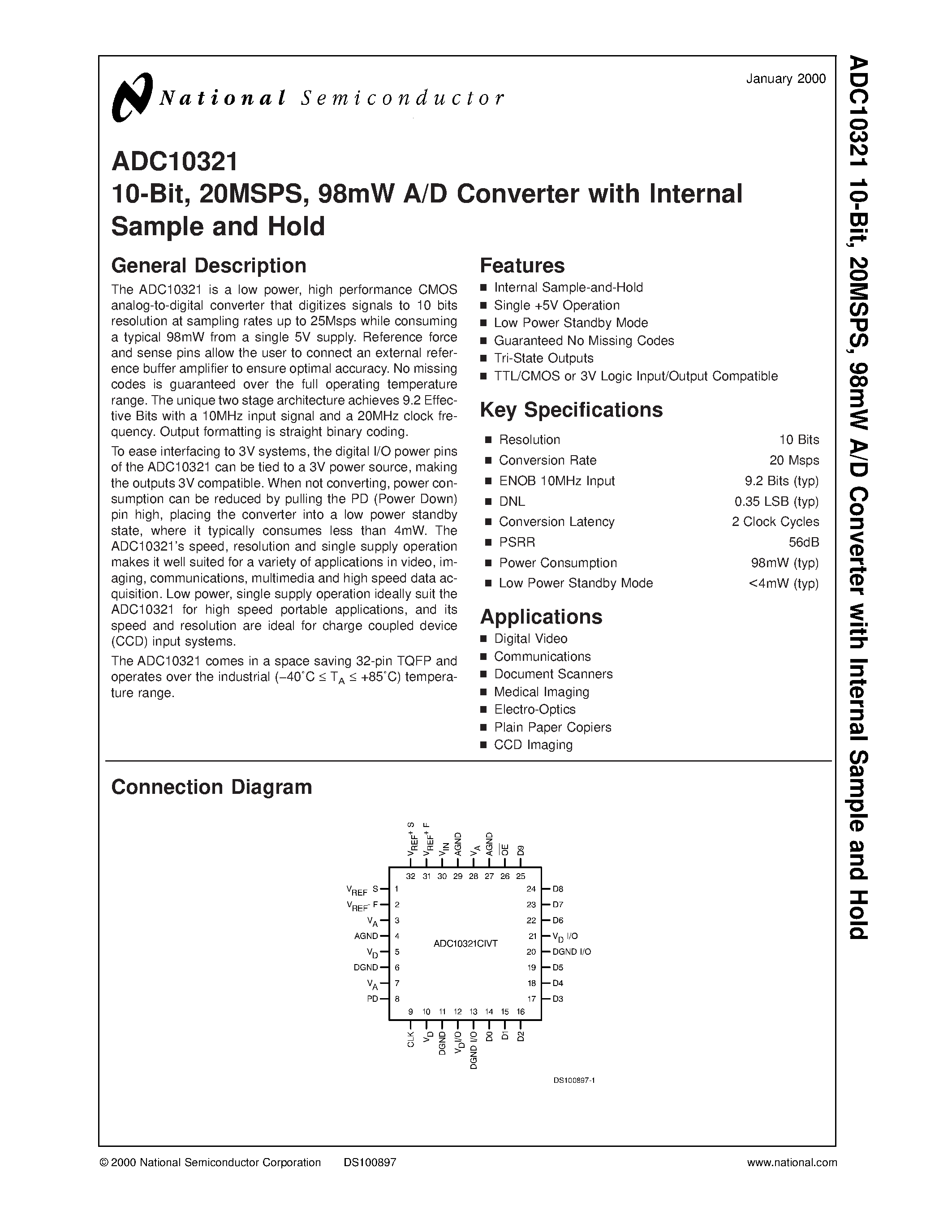 Datasheet ADC10321CIVT page 1 Datasheet ADC10321CIVT - 10-Bit/ 20MSPS/ 98mW A/D Converter with Internal Sample and Hold page 1