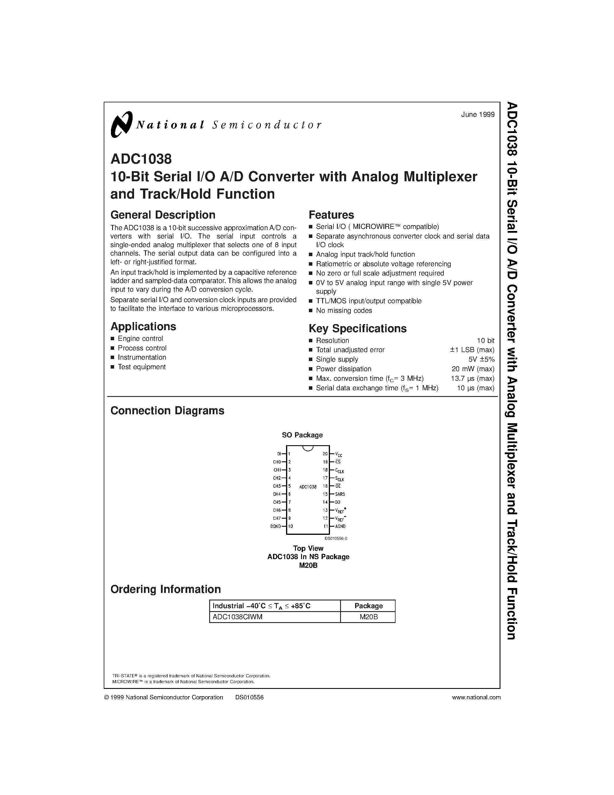 Даташит ADC1038CIWM - 10-Bit Serial I/O A/D Converter with Analog Multiplexer страница 1