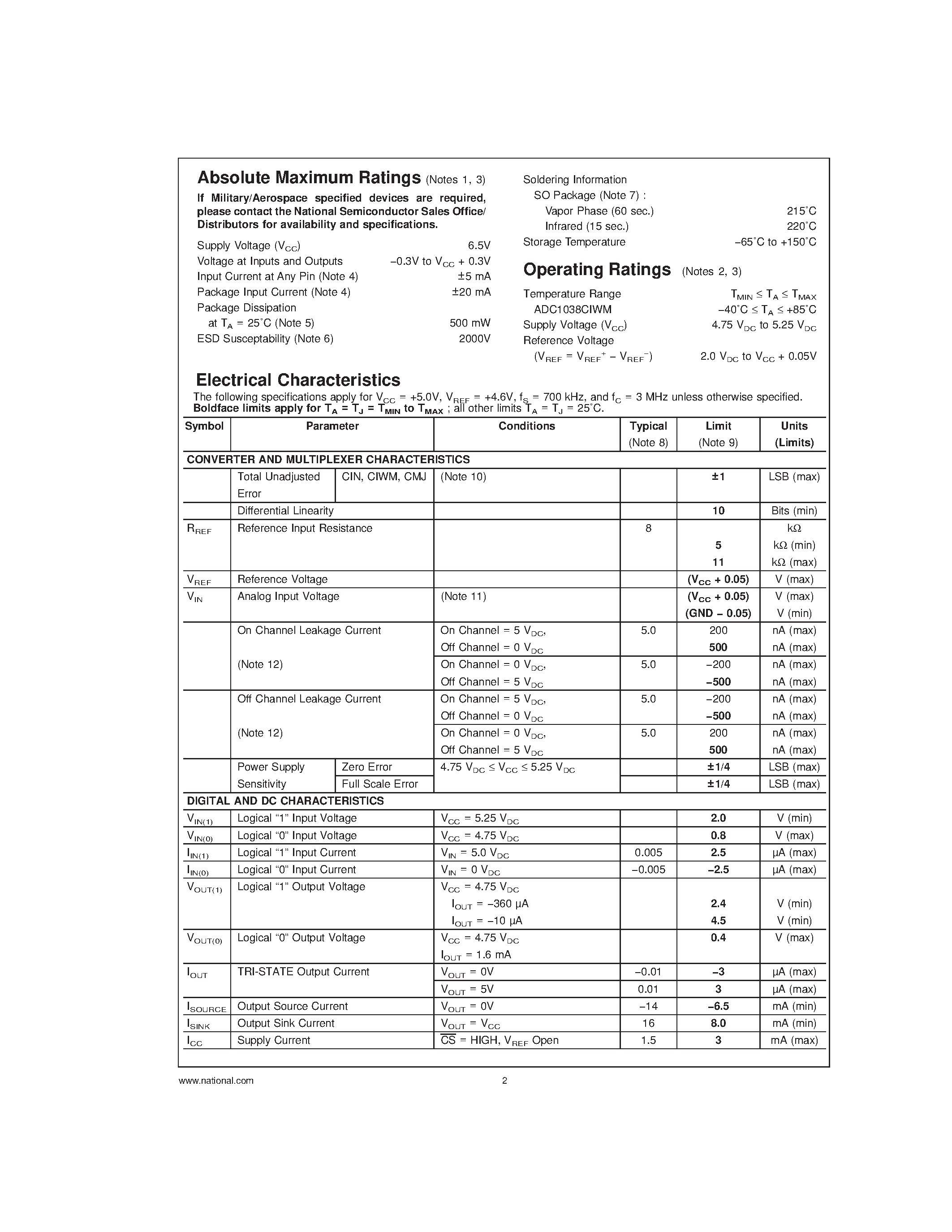 Даташит ADC1038CIWM - 10-Bit Serial I/O A/D Converter with Analog Multiplexer страница 2