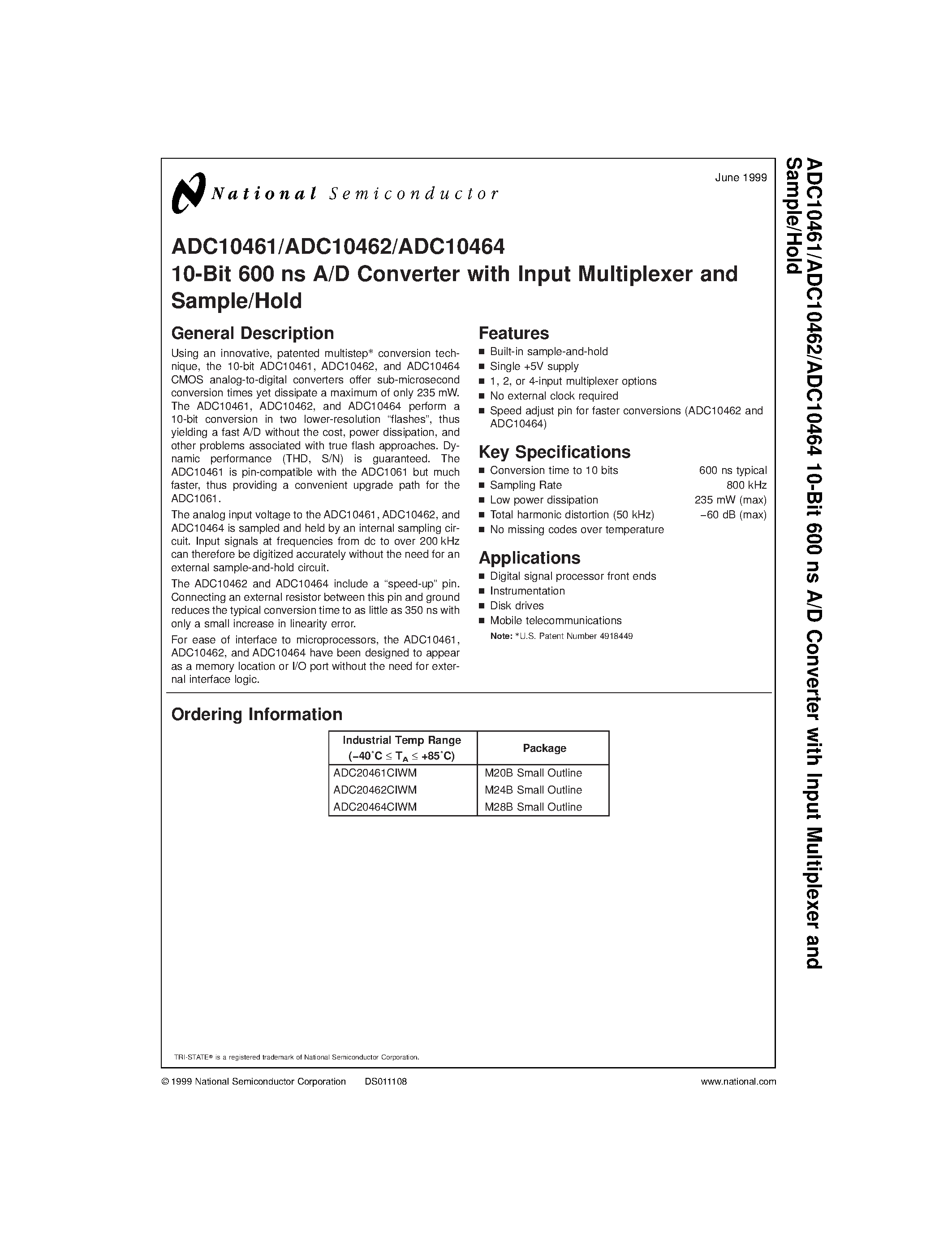 Datasheet ADC10461 - 10-Bit 600 ns A/D Converter with Input Multiplexer and Sample/Hold page 1
