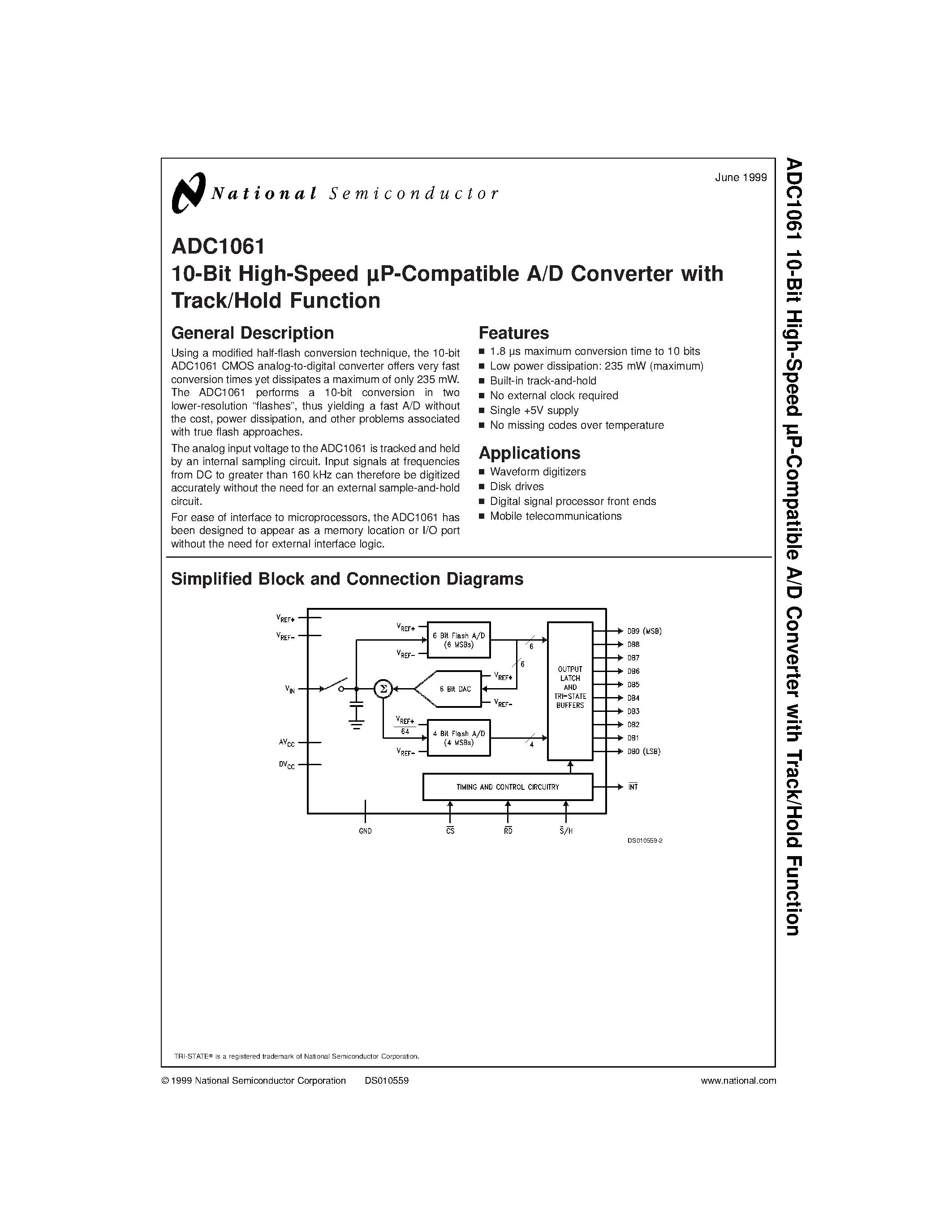 Datasheet ADC1061CIN page 1 Datasheet ADC1061CIN - 10-Bit High-Speed P-Compatible A/D Converter with Track/Hold Function page 1