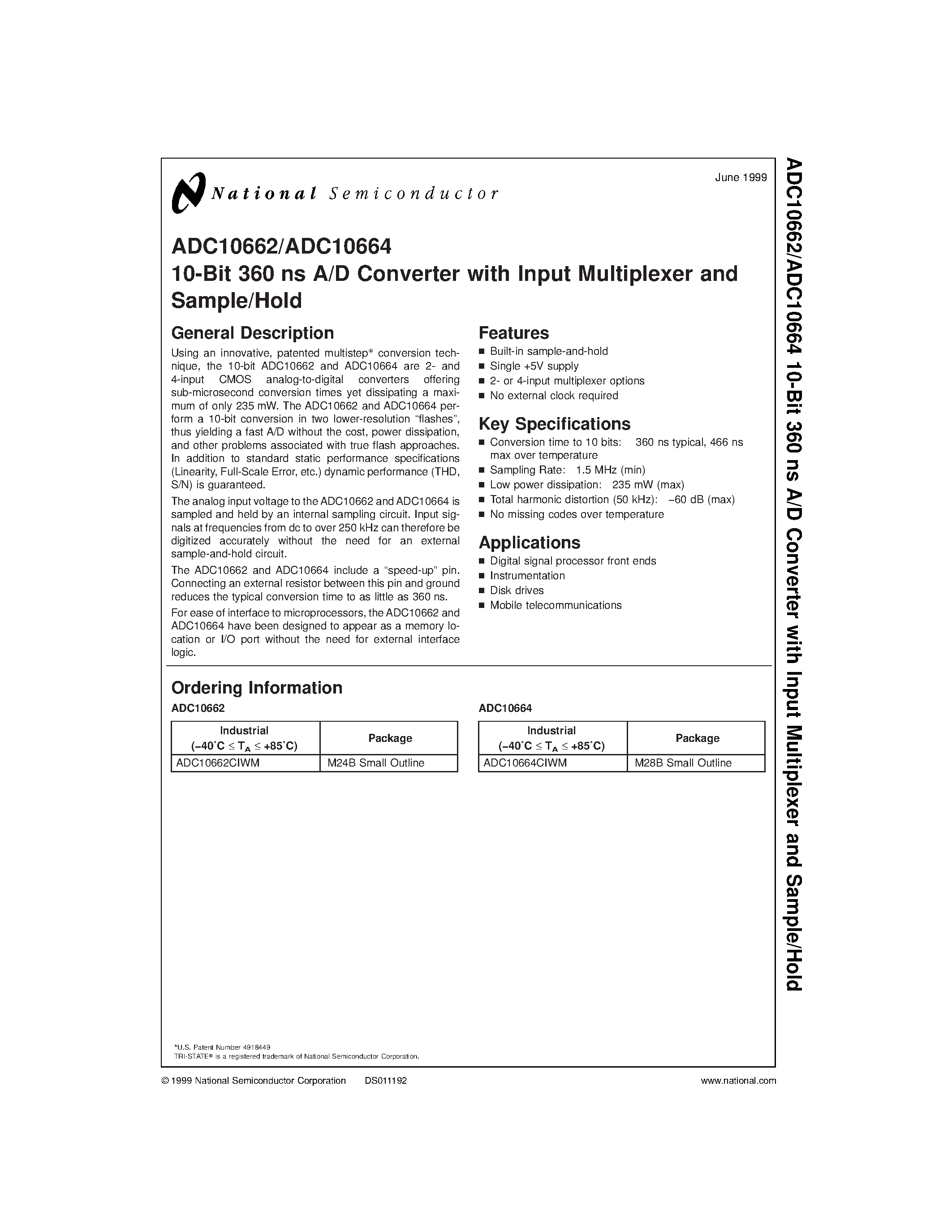 Datasheet ADC10662 page 1 Datasheet ADC10662 - 10-Bit 360 ns A/D Converter with Input Multiplexer and Sample/Hold page 1