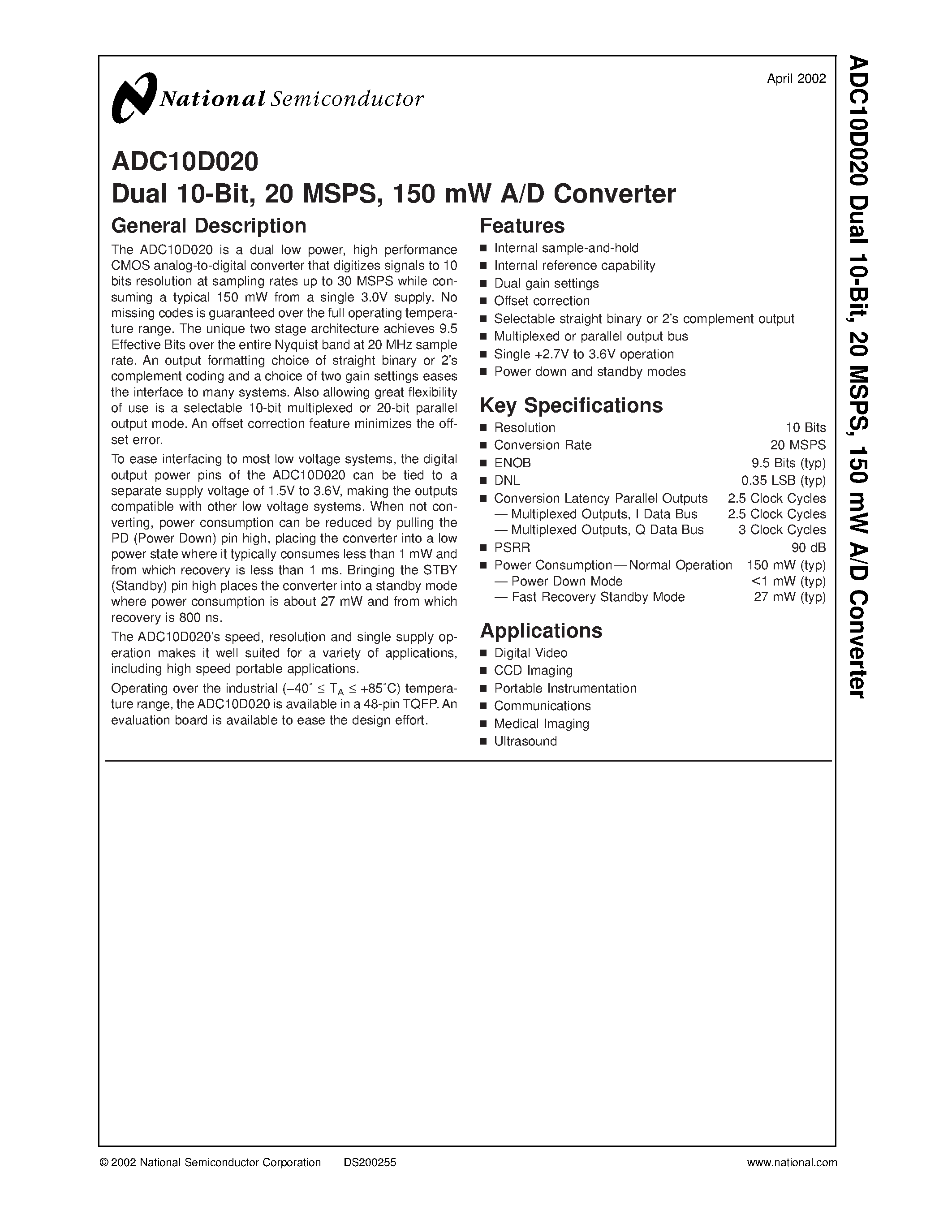 Datasheet ADC10D020 - Dual 10-Bit/ 20 MSPS/ 150 mW A/D Converter page 1