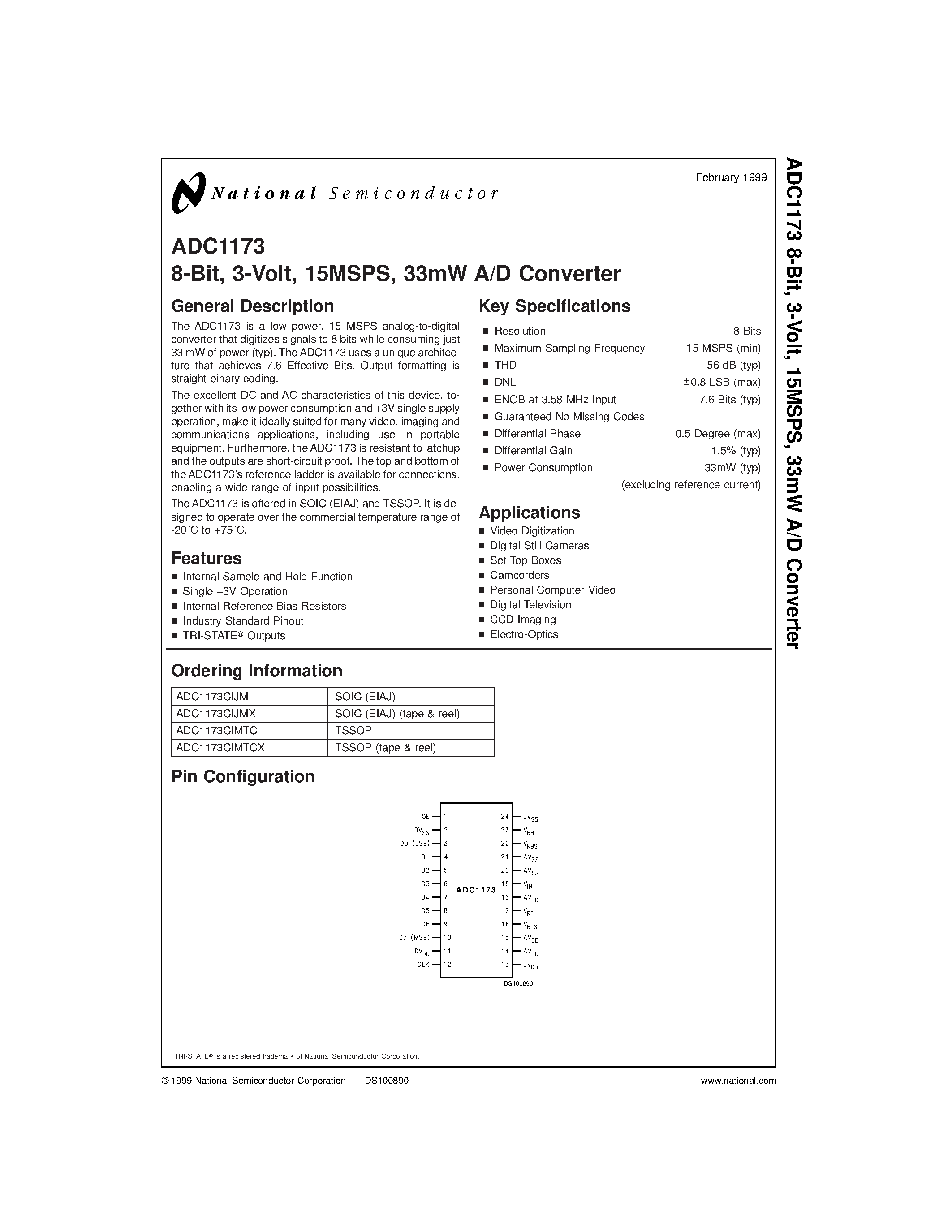 Datasheet ADC1173CIJM page 1 Datasheet ADC1173CIJM - 8-Bit/ 3-Volt/ 15MSPS/ 33mW A/D Converter page 1