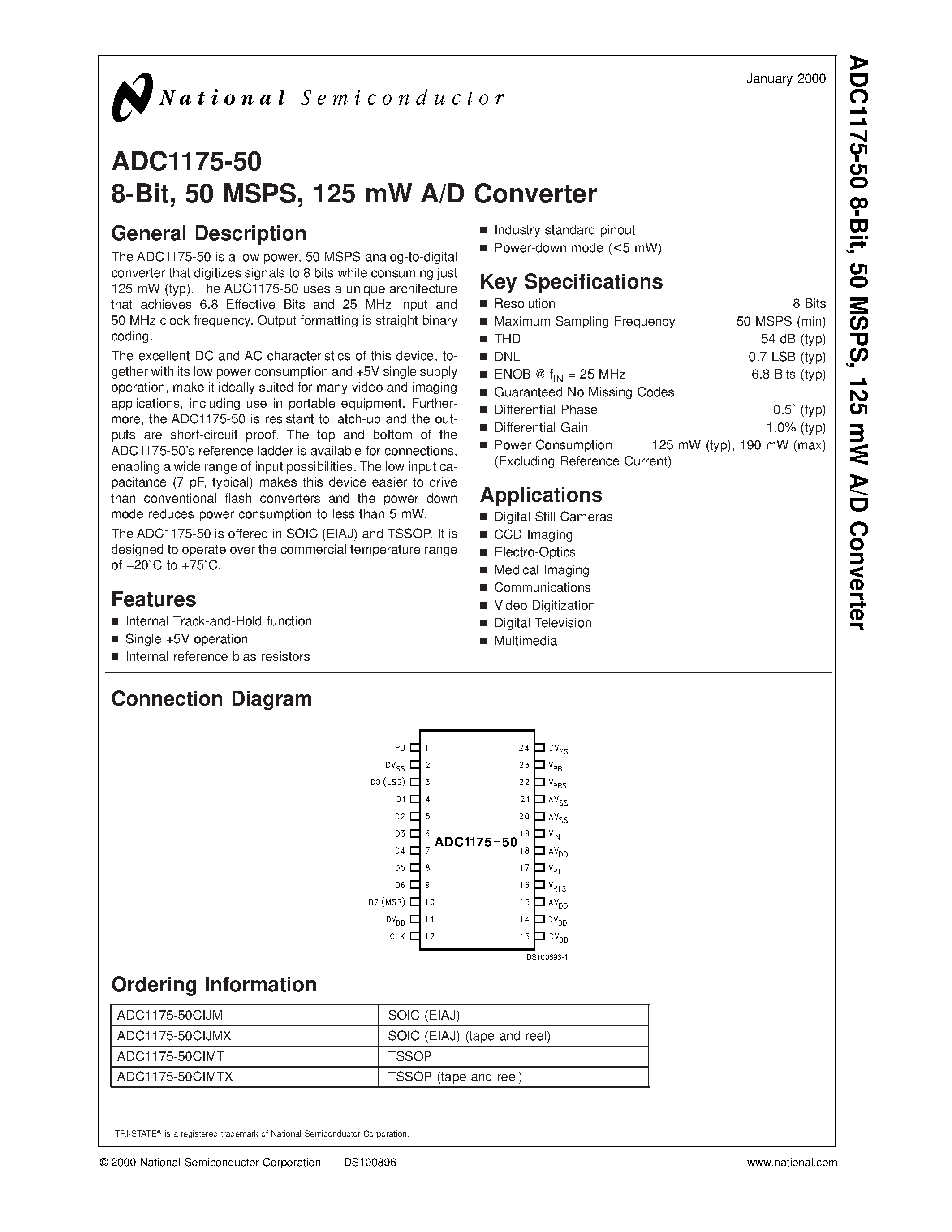 Datasheet ADC1175-50CIJM page 1 Datasheet ADC1175-50CIJM - 8-Bit/ 50 MSPS/ 125 mW A/D Converter page 1