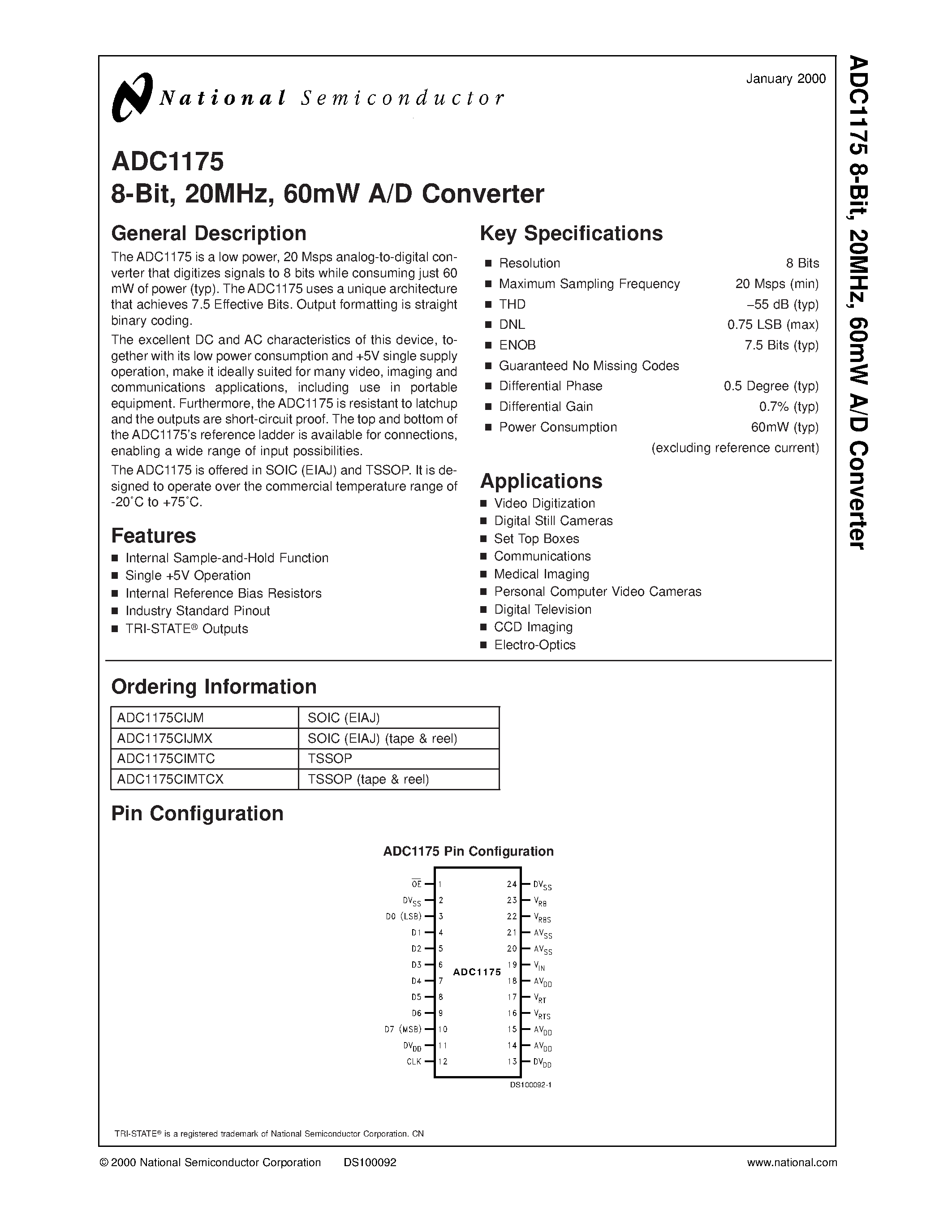 Datasheet ADC1175CIJM - 8-Bit/ 20MHz/ 60mW A/D Converter page 1
