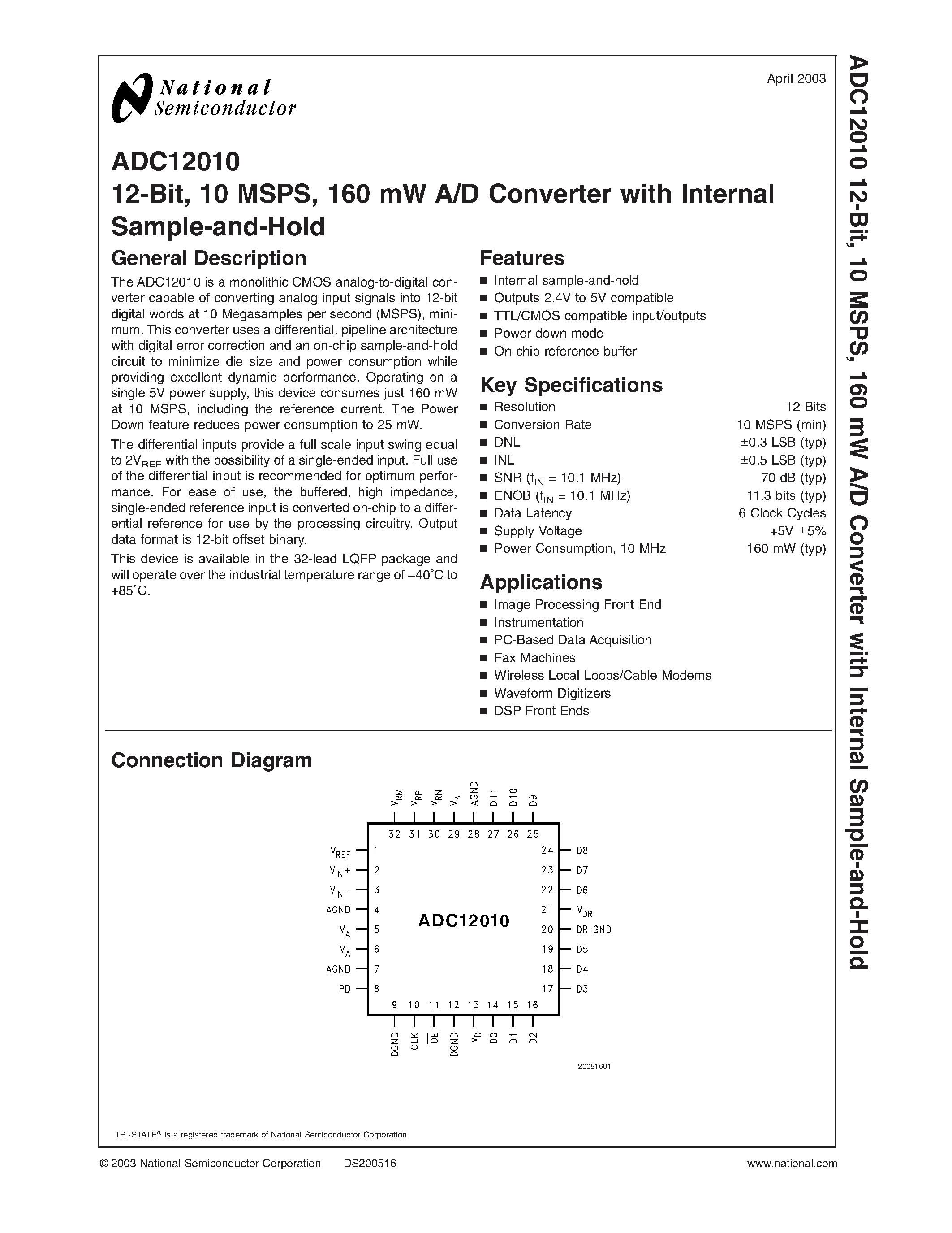 Datasheet ADC12010EVAL - 12-Bit/ 10 MSPS/ 160 mW A/D Converter with Internal Sample-and-Hold page 1
