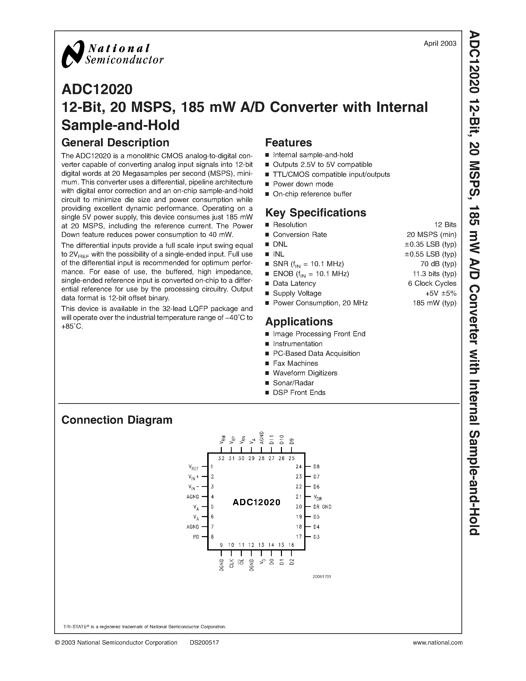 Datasheet ADC12020CIVY - 12-Bit/ 20 MSPS/ 185 mW A/D Converter with Internal Sample-and-Hold page 1