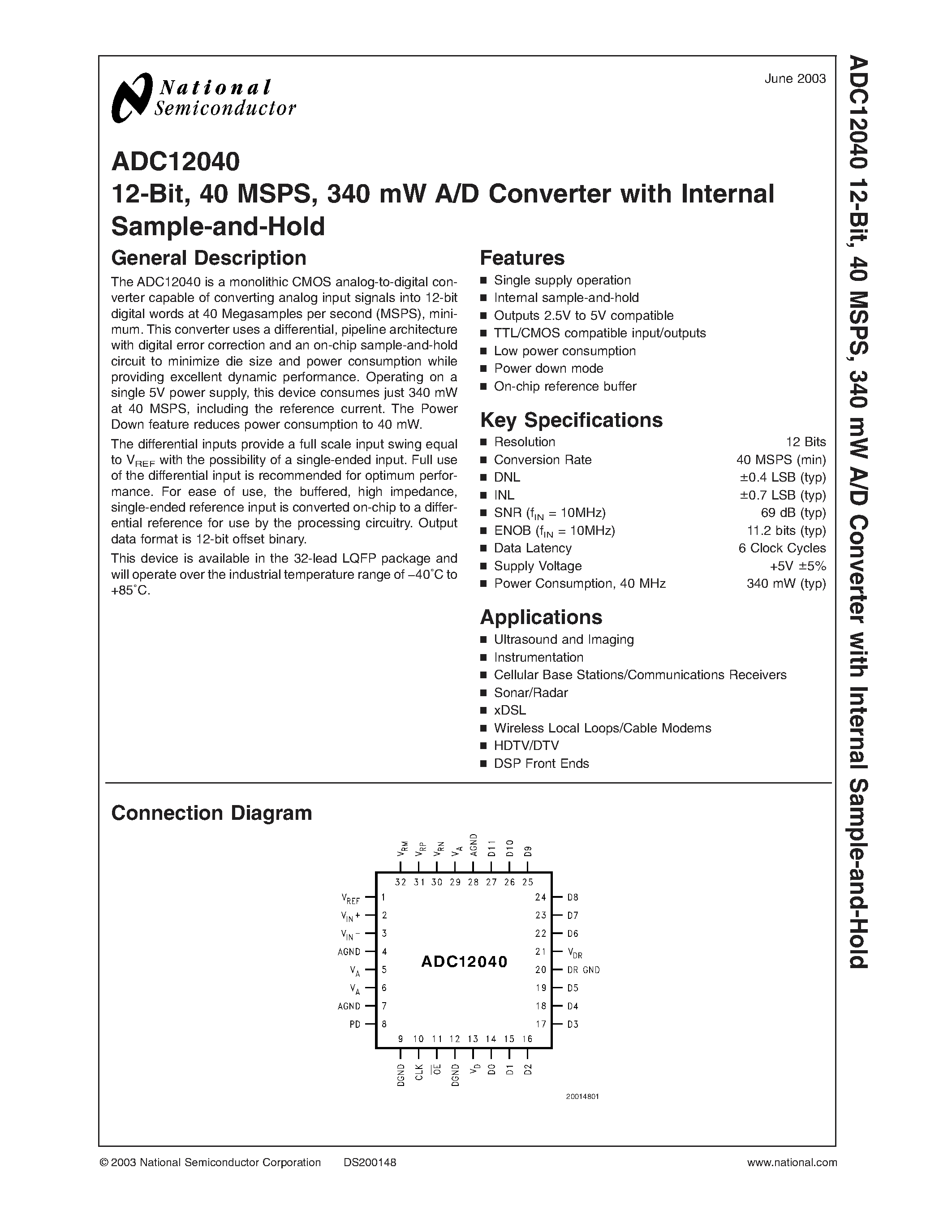 Datasheet ADC12040CIVY - 12-Bit/ 40 MSPS/ 340 mW A/D Converter with Internal Sample-and-Hold page 1